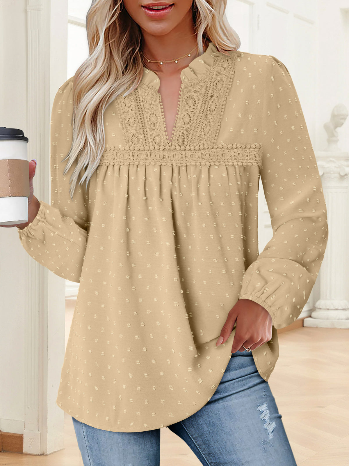 BETTE BOUTIK Womens Boho Fall Fashion Tops Long Sleeve Casual Shirts Flowy Swiss Dot Blouses