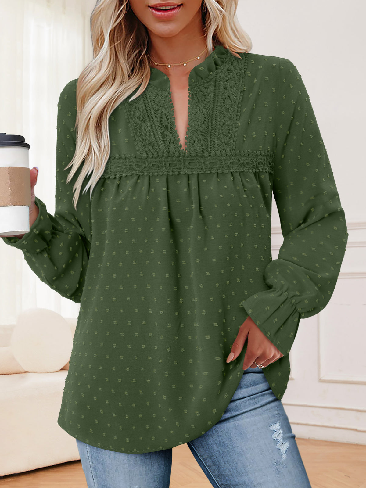 BETTE BOUTIK Womens Boho Fall Fashion Tops Long Sleeve Casual Shirts Flowy Swiss Dot Blouses