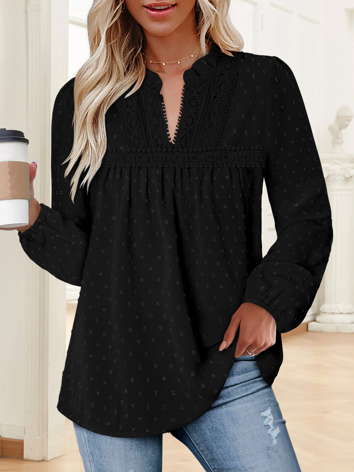 BETTE BOUTIK Womens Boho Fall Fashion Tops Long Sleeve Casual Shirts Flowy Swiss Dot Blouses