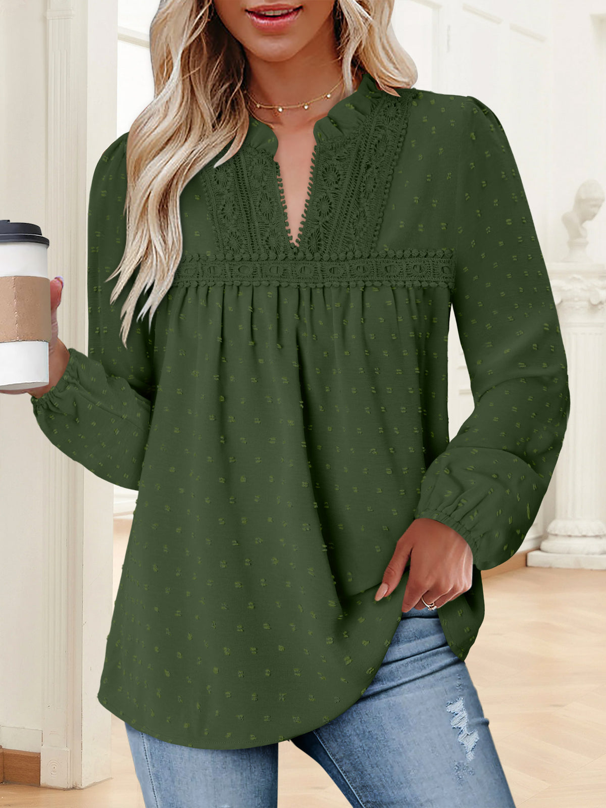 BETTE BOUTIK Womens Boho Fall Fashion Tops Long Sleeve Casual Shirts Flowy Swiss Dot Blouses