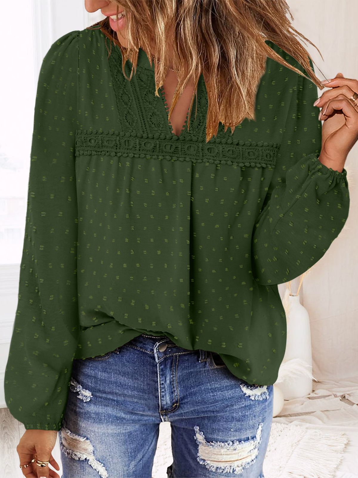 BETTE BOUTIK Womens Boho Fall Fashion Tops Long Sleeve Casual Shirts Flowy Swiss Dot Blouses