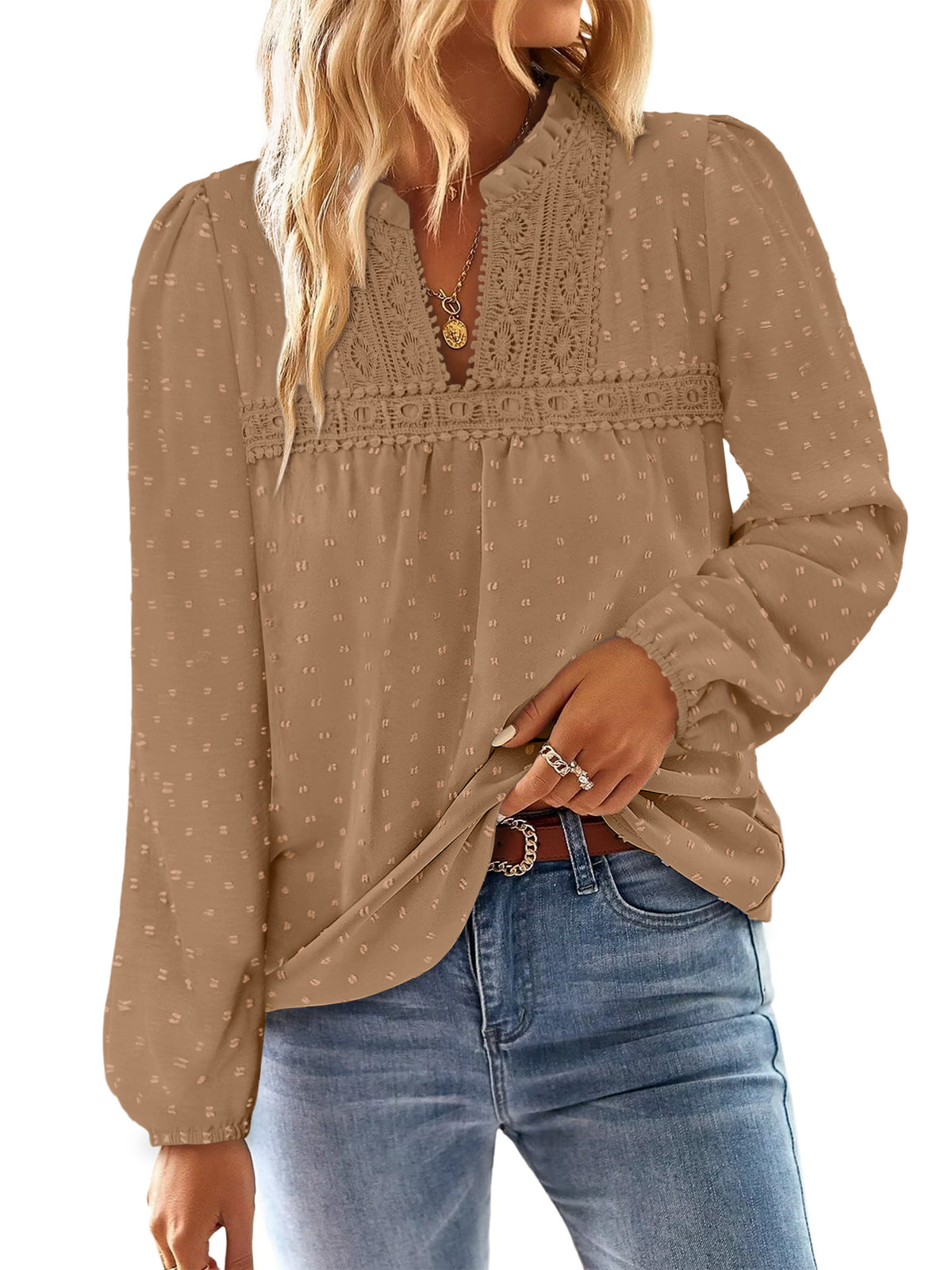 BETTE BOUTIK Womens Boho Fall Fashion Tops Long Sleeve Casual Shirts Flowy Swiss Dot Blouses