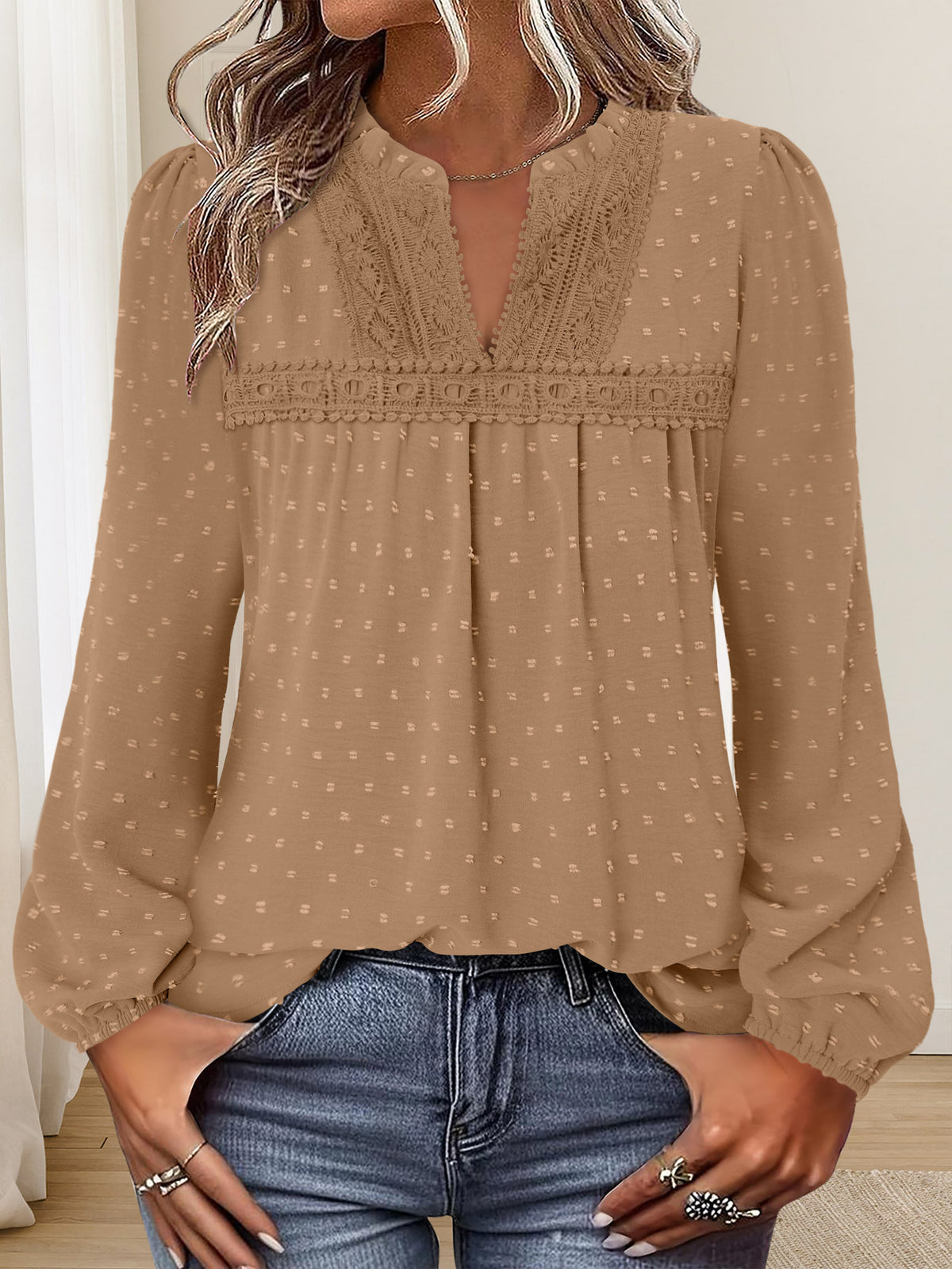 BETTE BOUTIK Womens Boho Fall Fashion Tops Long Sleeve Casual Shirts Flowy Swiss Dot Blouses