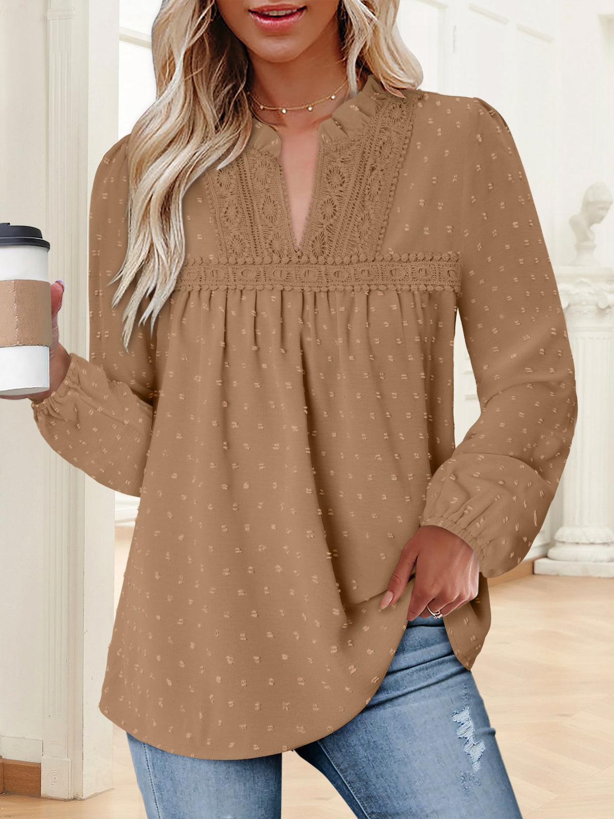 BETTE BOUTIK Womens Boho Fall Fashion Tops Long Sleeve Casual Shirts Flowy Swiss Dot Blouses