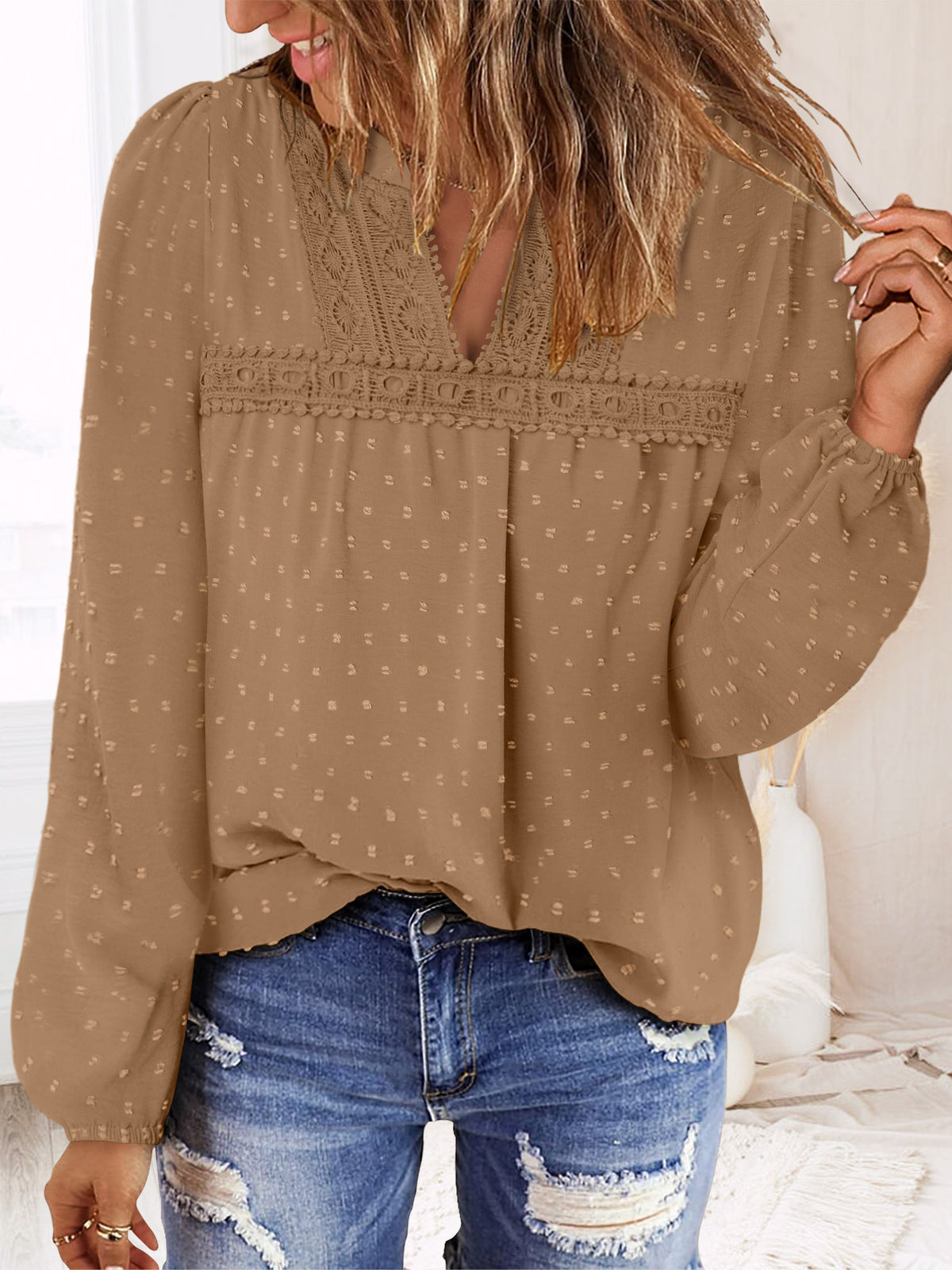 BETTE BOUTIK Womens Boho Fall Fashion Tops Long Sleeve Casual Shirts Flowy Swiss Dot Blouses