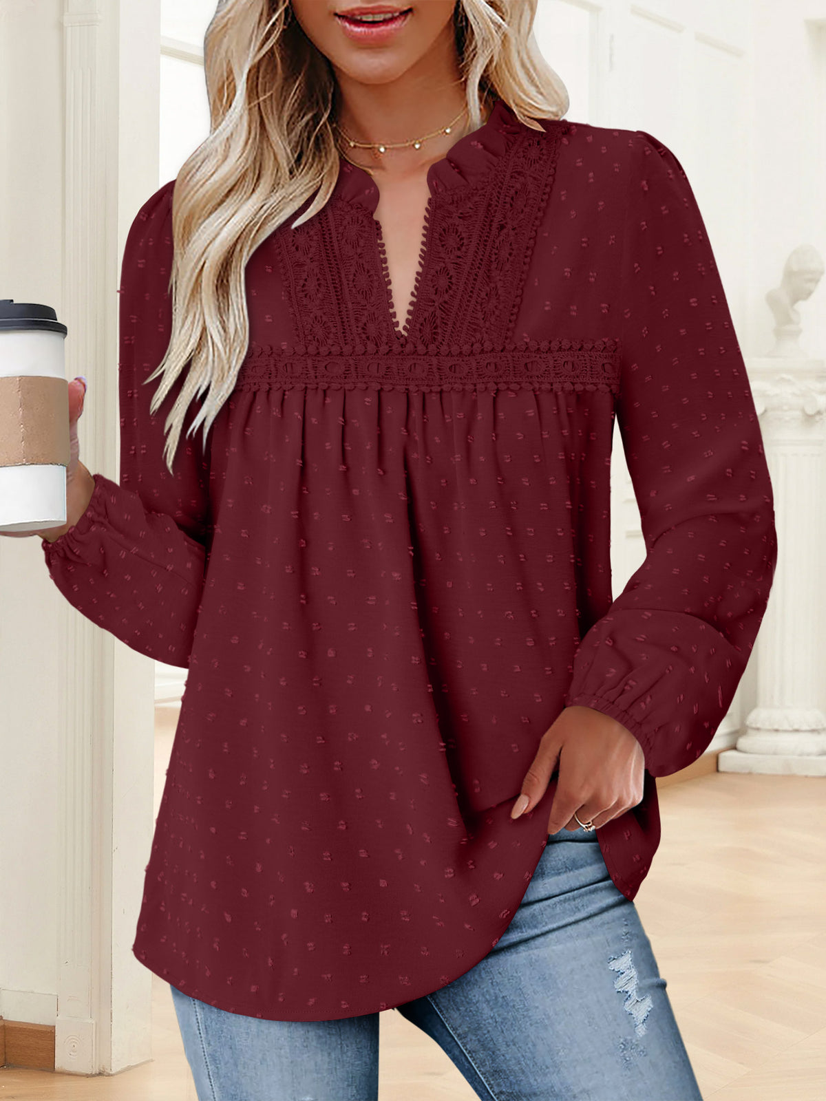 BETTE BOUTIK Womens Boho Fall Fashion Tops Long Sleeve Casual Shirts Flowy Swiss Dot Blouses