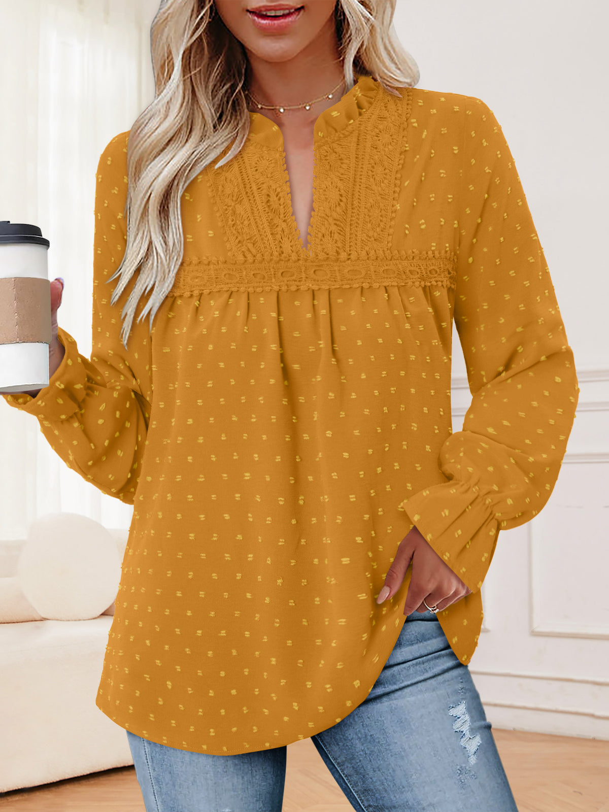 BETTE BOUTIK Womens Boho Fall Fashion Tops Long Sleeve Casual Shirts Flowy Swiss Dot Blouses