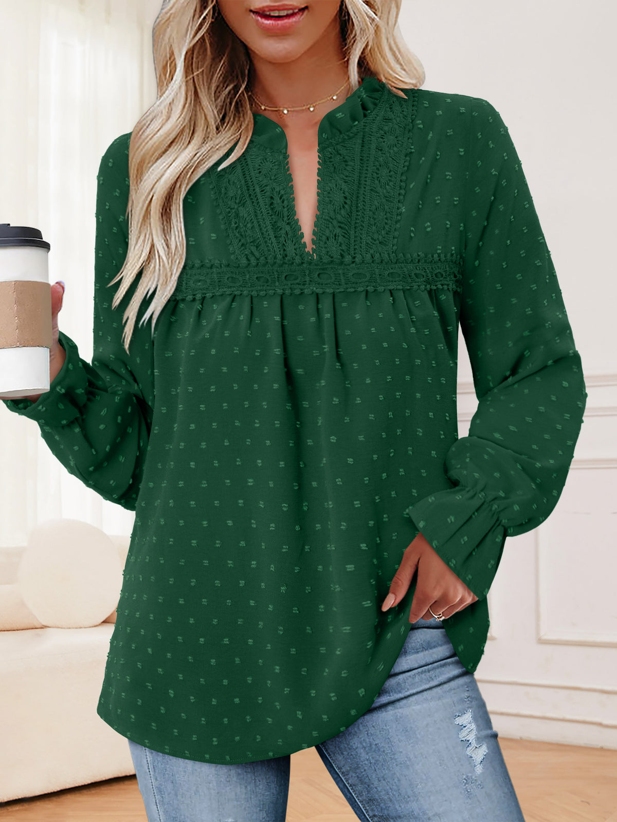 BETTE BOUTIK Womens Boho Fall Fashion Tops Long Sleeve Casual Shirts Flowy Swiss Dot Blouses