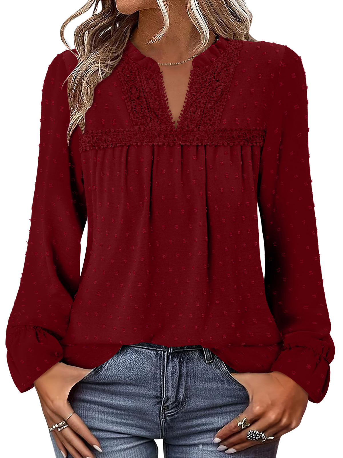 BETTE BOUTIK Womens Boho Fall Fashion Tops Long Sleeve Casual Shirts Flowy Swiss Dot Blouses