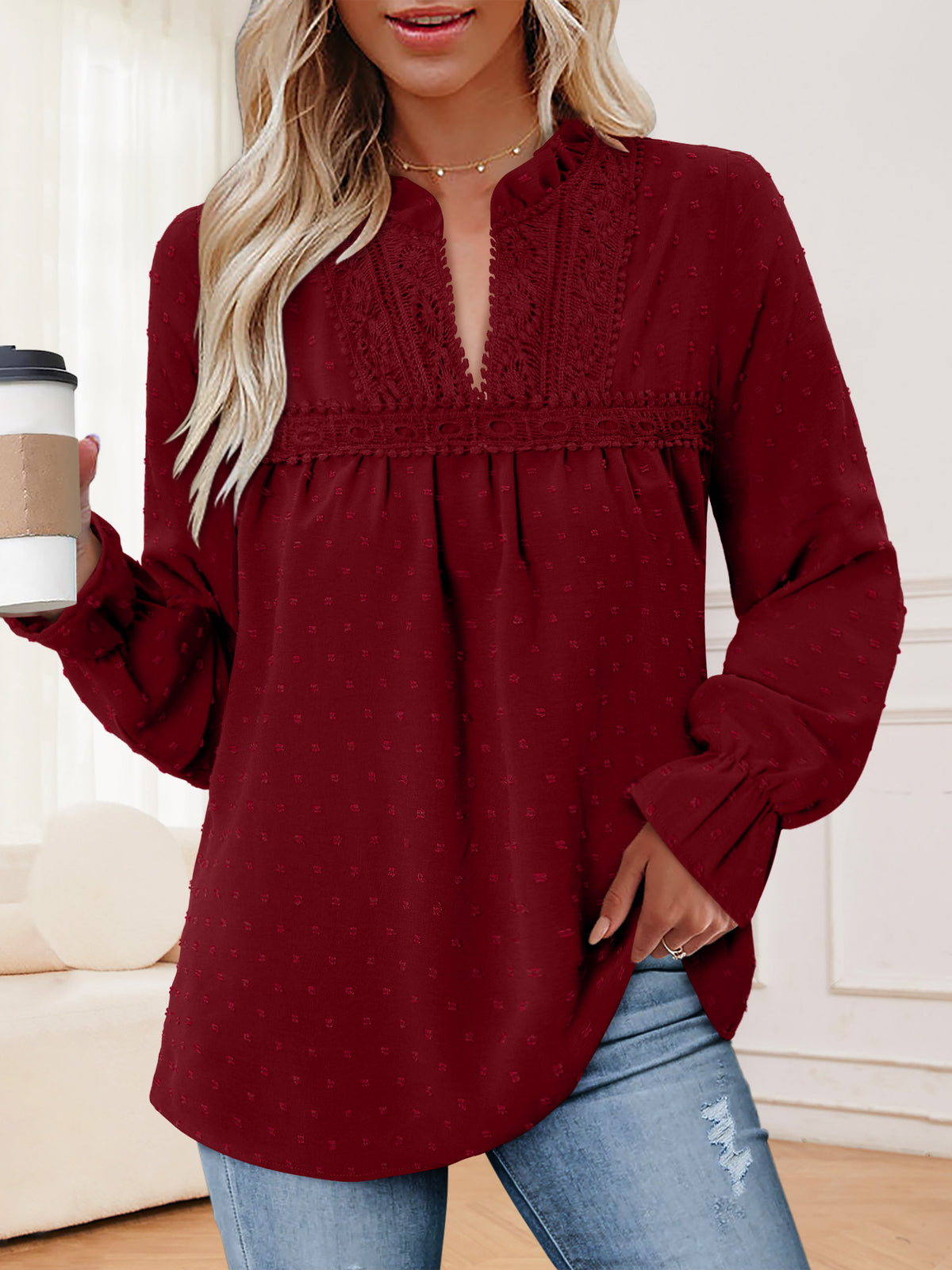 BETTE BOUTIK Womens Boho Fall Fashion Tops Long Sleeve Casual Shirts Flowy Swiss Dot Blouses