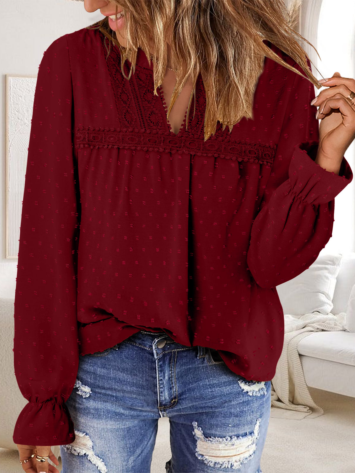 BETTE BOUTIK Womens Boho Fall Fashion Tops Long Sleeve Casual Shirts Flowy Swiss Dot Blouses