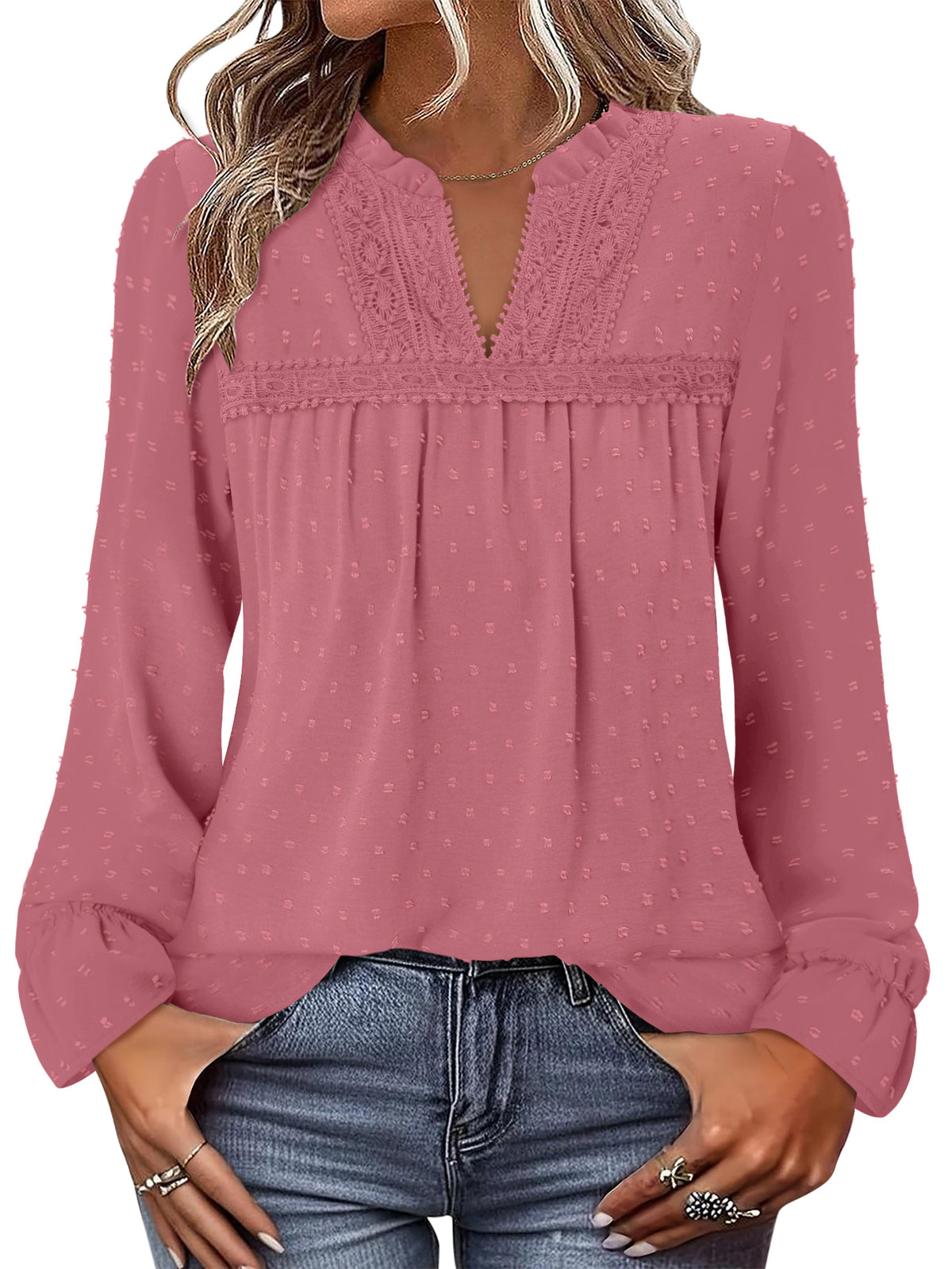 BETTE BOUTIK Womens Boho Fall Fashion Tops Long Sleeve Casual Shirts Flowy Swiss Dot Blouses