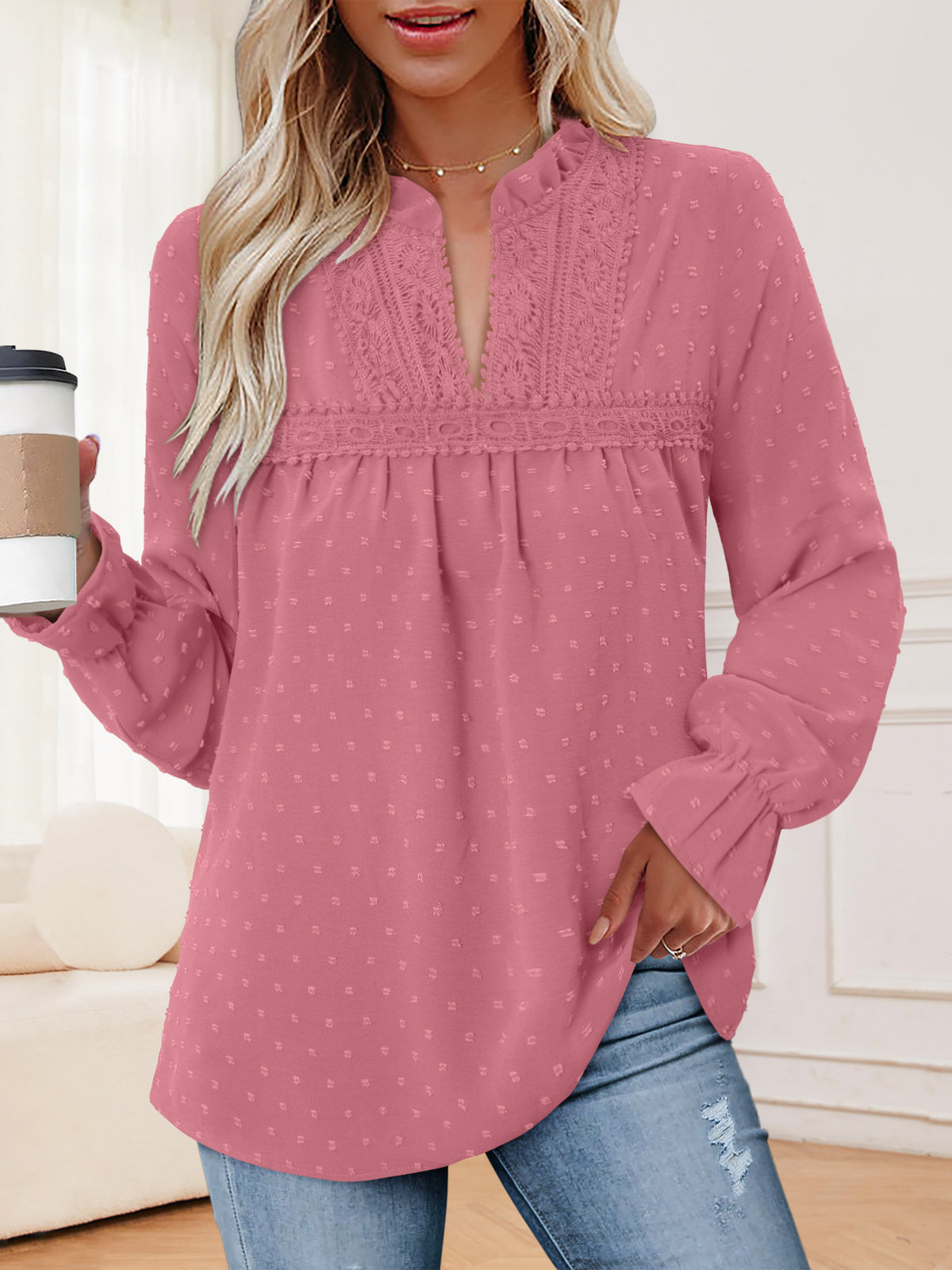 BETTE BOUTIK Womens Boho Fall Fashion Tops Long Sleeve Casual Shirts Flowy Swiss Dot Blouses