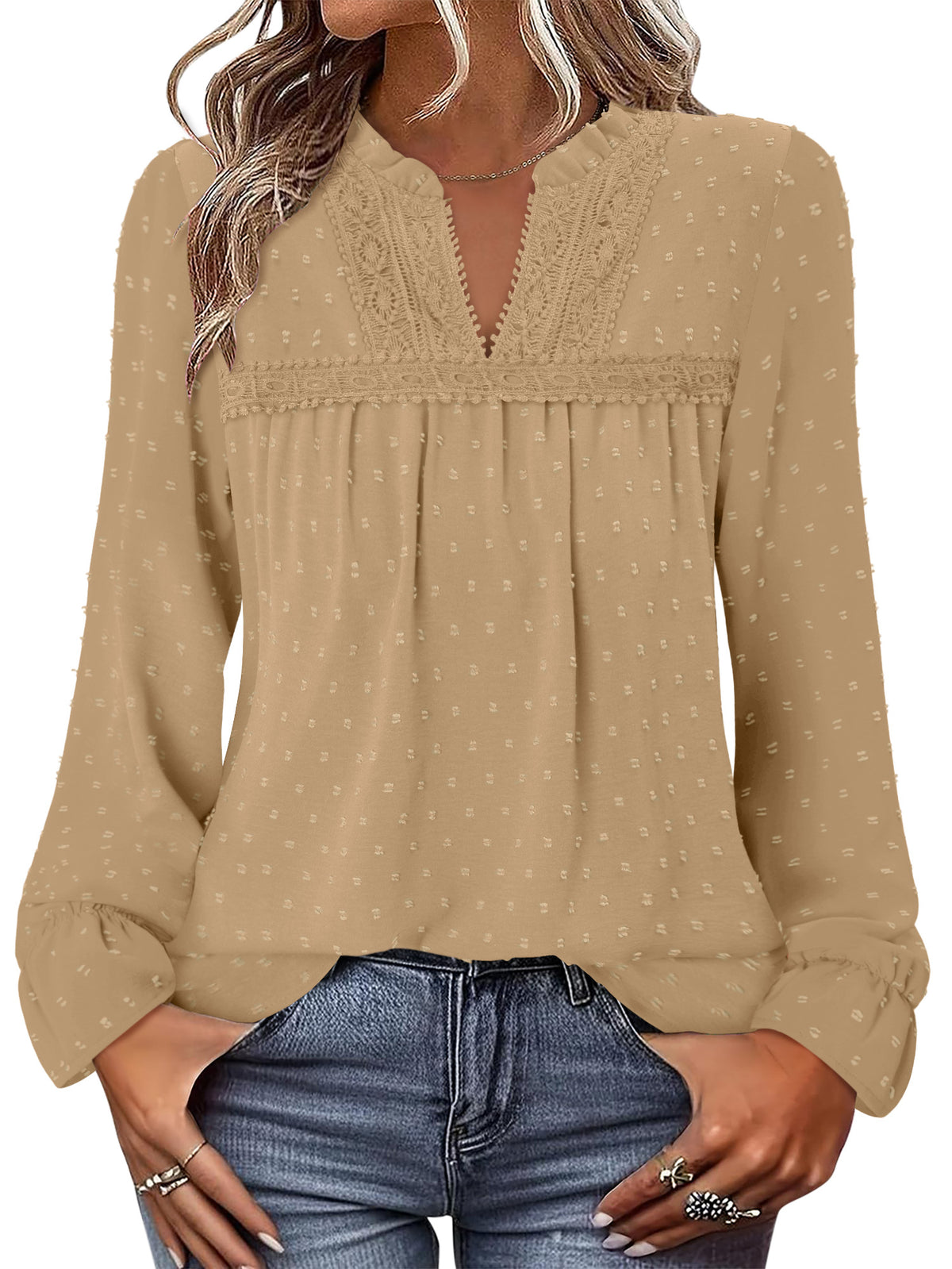 BETTE BOUTIK Womens Boho Fall Fashion Tops Long Sleeve Casual Shirts Flowy Swiss Dot Blouses