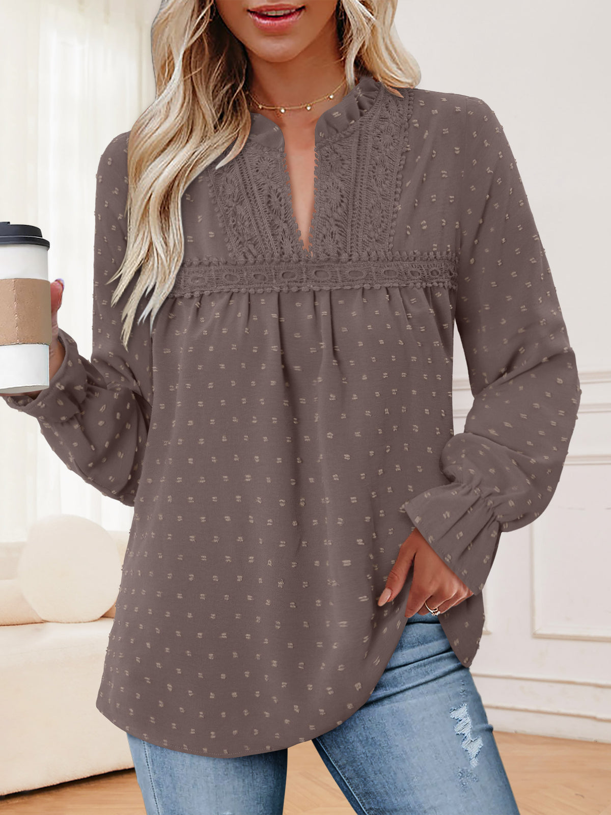 BETTE BOUTIK Womens Boho Fall Fashion Tops Long Sleeve Casual Shirts Flowy Swiss Dot Blouses