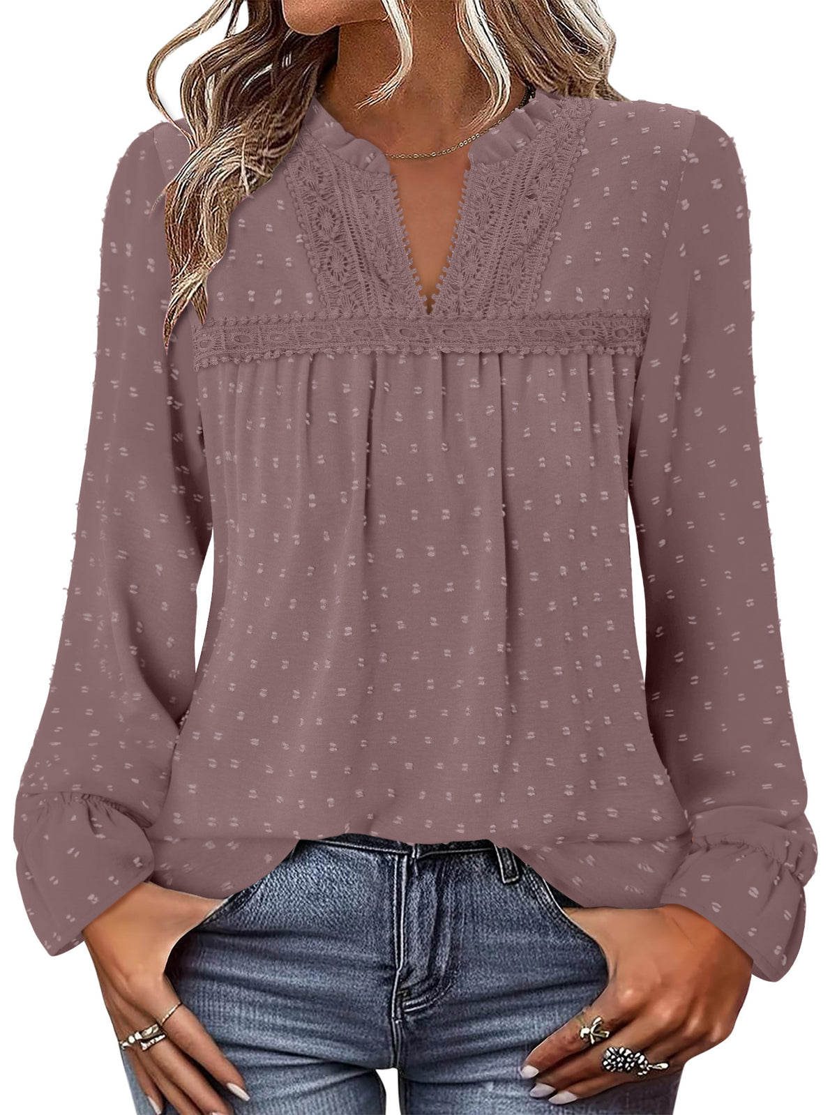 BETTE BOUTIK Womens Boho Fall Fashion Tops Long Sleeve Casual Shirts Flowy Swiss Dot Blouses