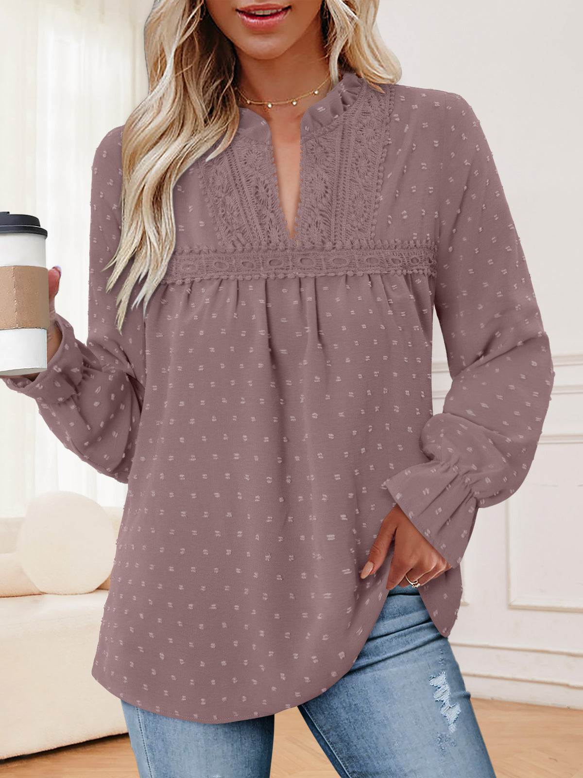 BETTE BOUTIK Womens Boho Fall Fashion Tops Long Sleeve Casual Shirts Flowy Swiss Dot Blouses