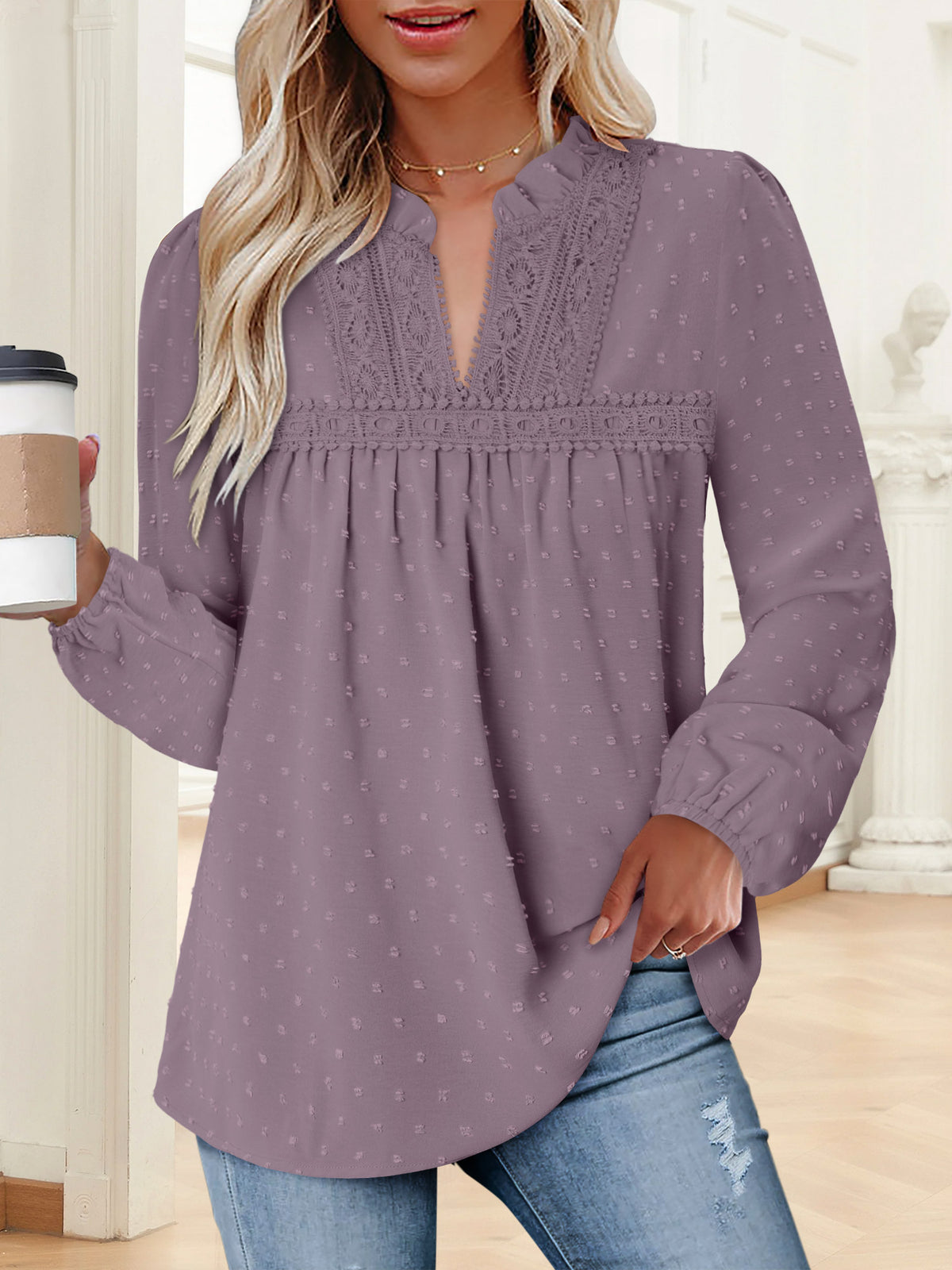 BETTE BOUTIK Womens Boho Fall Fashion Tops Long Sleeve Casual Shirts Flowy Swiss Dot Blouses