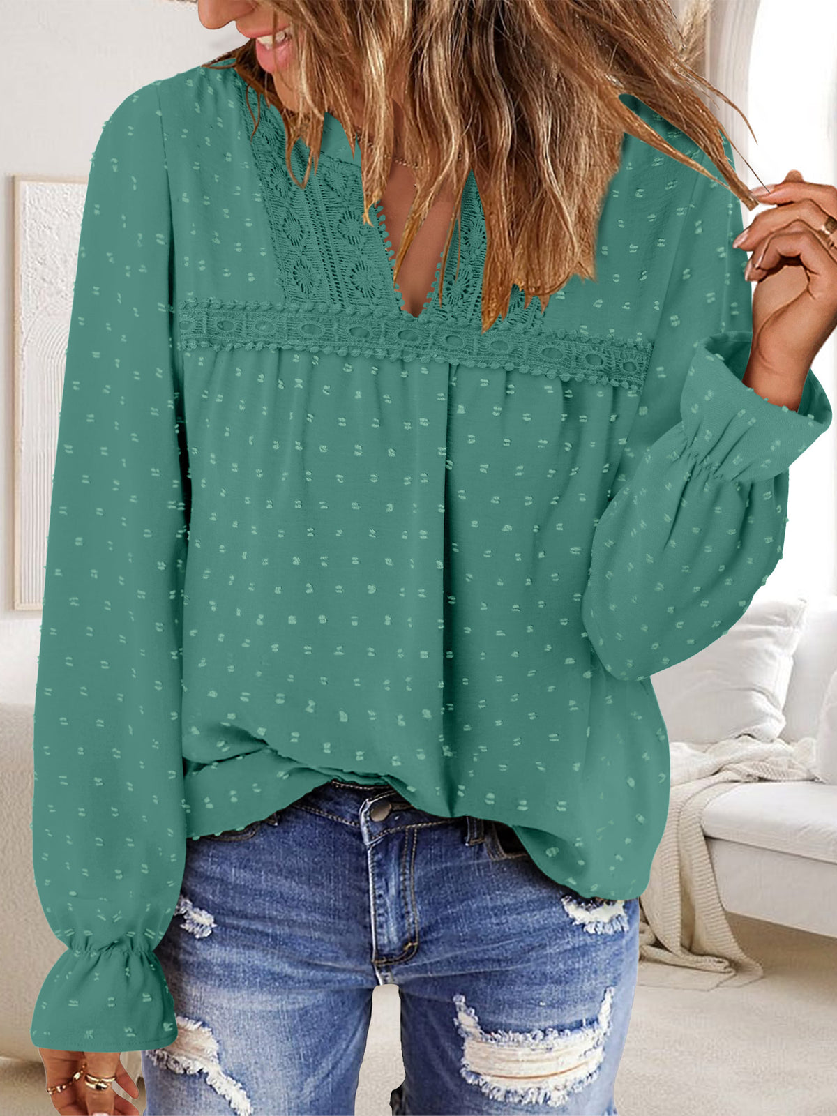 BETTE BOUTIK Womens Boho Fall Fashion Tops Long Sleeve Casual Shirts Flowy Swiss Dot Blouses