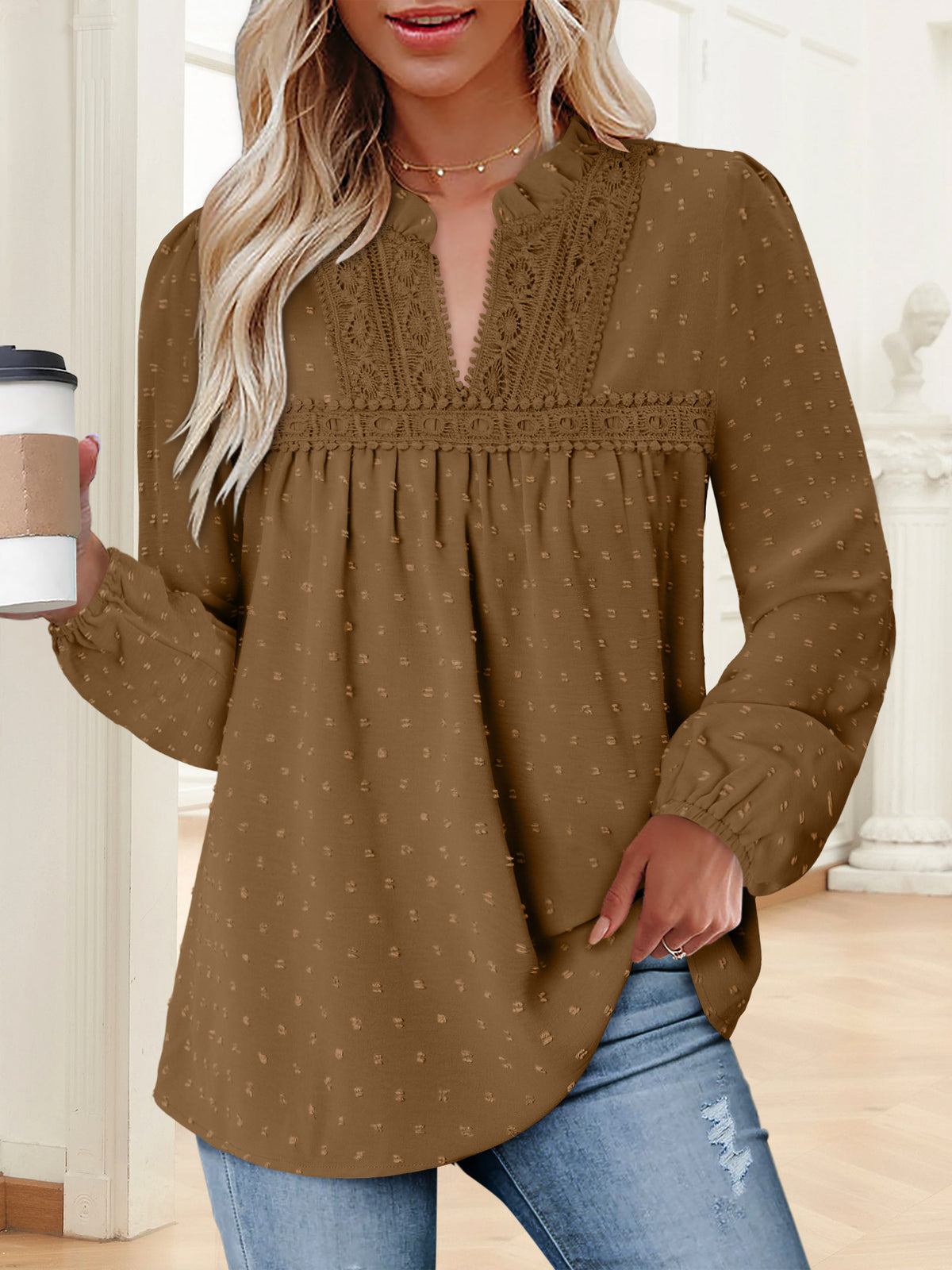 BETTE BOUTIK Womens Boho Fall Fashion Tops Long Sleeve Casual Shirts Flowy Swiss Dot Blouses