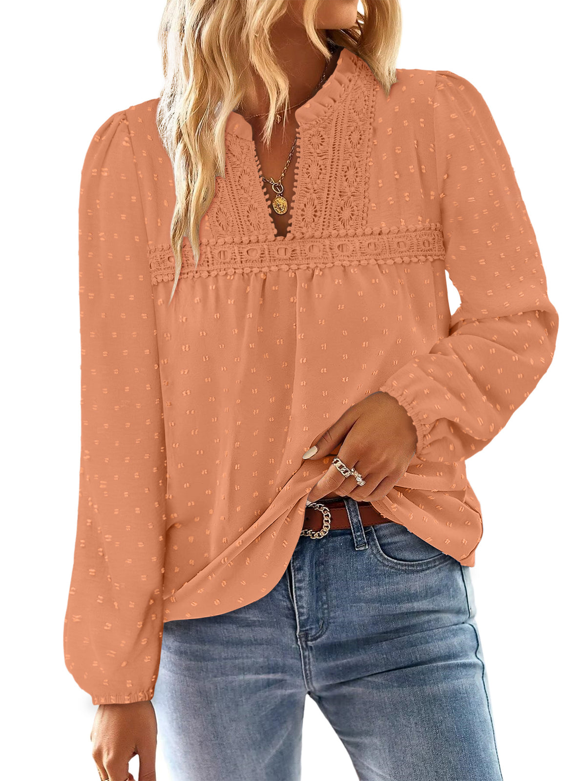 BETTE BOUTIK Womens Boho Fall Fashion Tops Long Sleeve Casual Shirts Flowy Swiss Dot Blouses