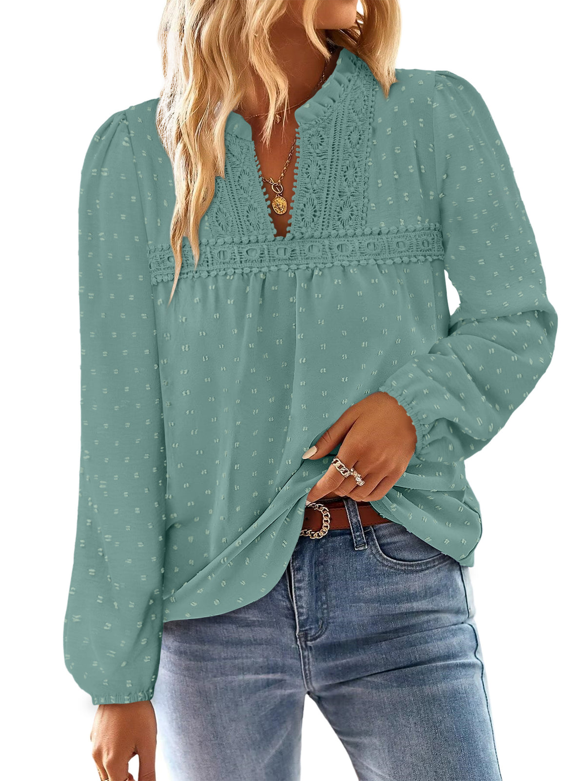 BETTE BOUTIK Womens Boho Fall Fashion Tops Long Sleeve Casual Shirts Flowy Swiss Dot Blouses