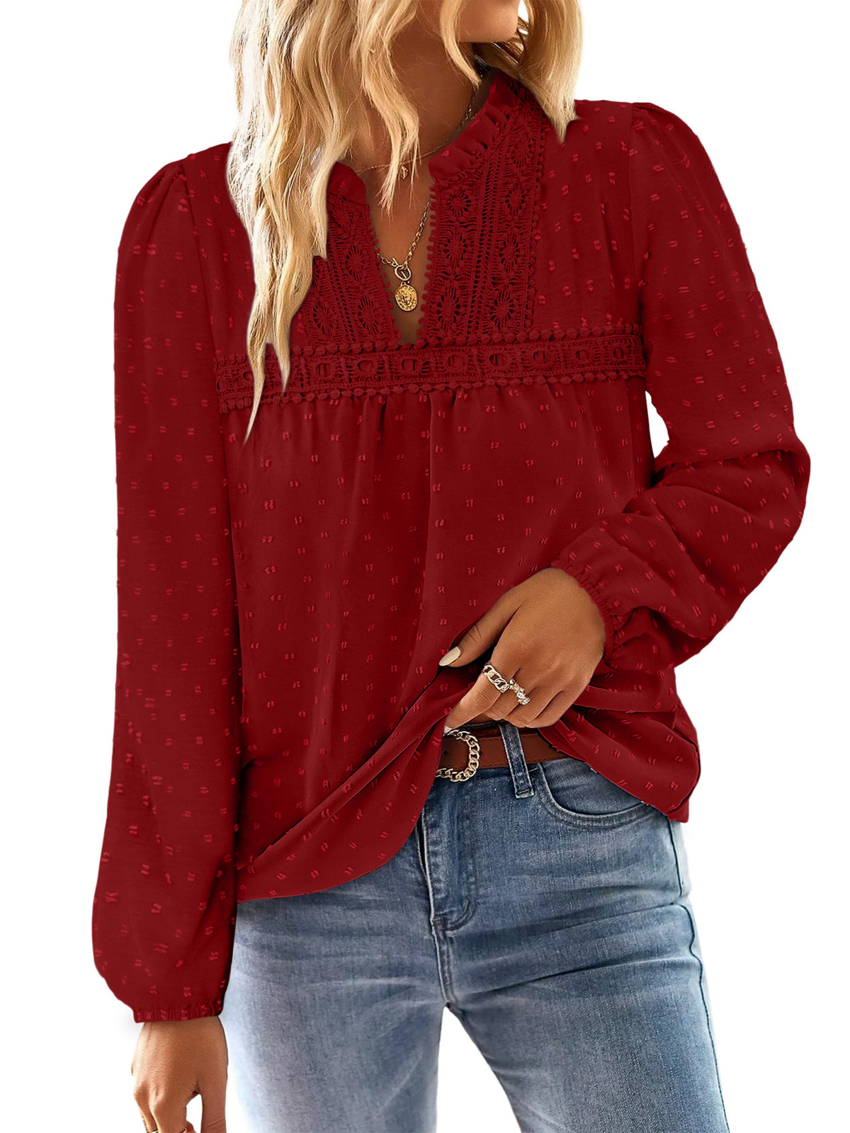 BETTE BOUTIK Womens Boho Fall Fashion Tops Long Sleeve Casual Shirts Flowy Swiss Dot Blouses