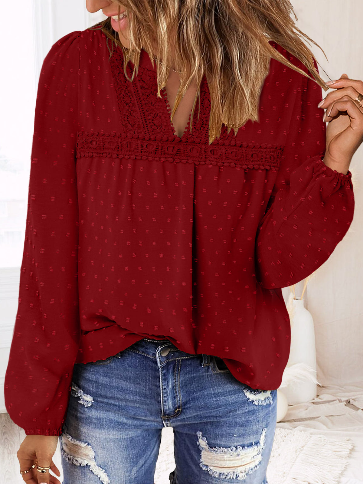 BETTE BOUTIK Womens Boho Fall Fashion Tops Long Sleeve Casual Shirts Flowy Swiss Dot Blouses
