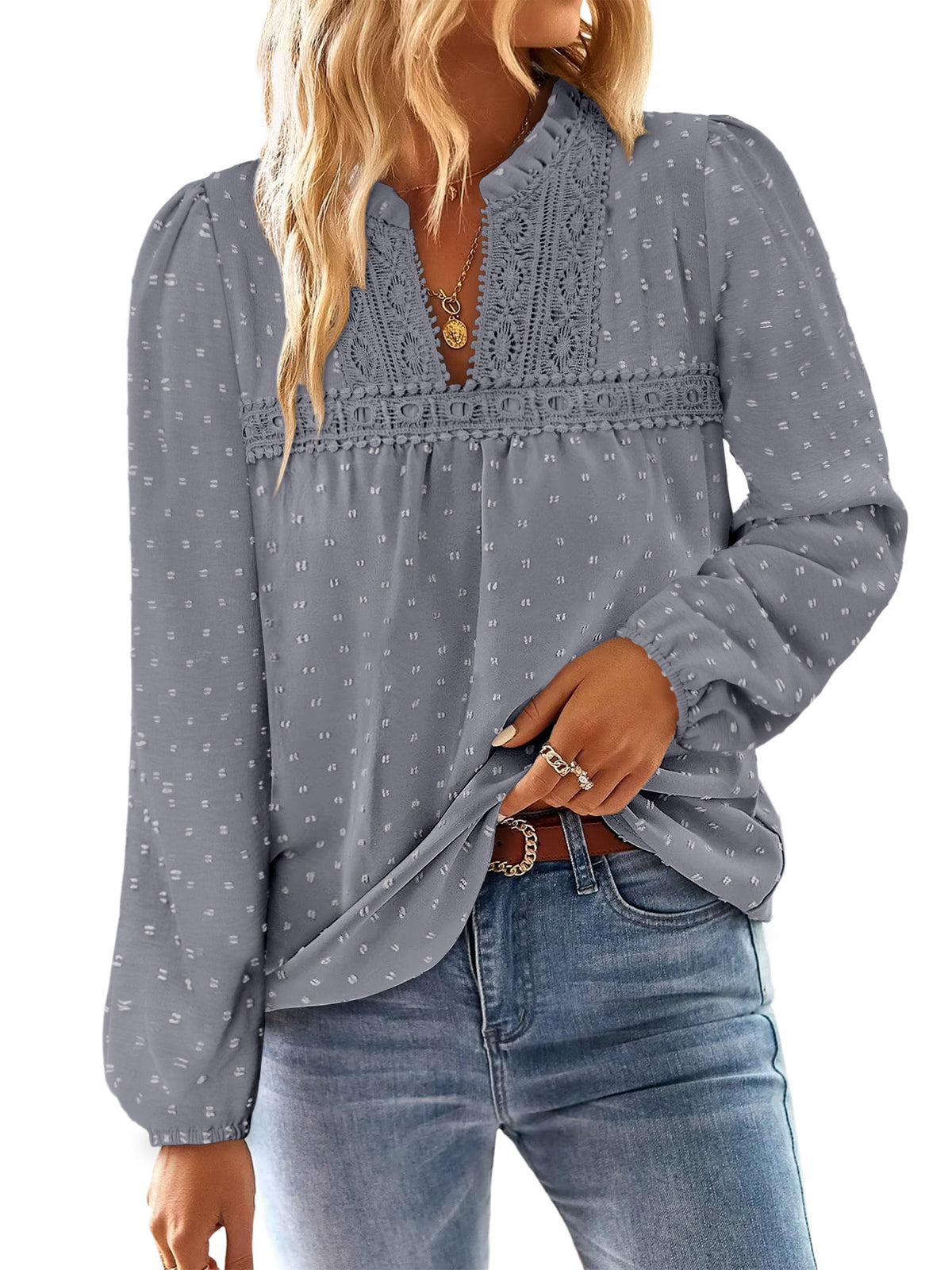 BETTE BOUTIK Womens Boho Fall Fashion Tops Long Sleeve Casual Shirts Flowy Swiss Dot Blouses