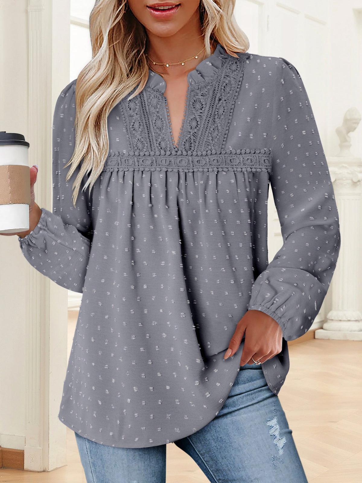BETTE BOUTIK Womens Boho Fall Fashion Tops Long Sleeve Casual Shirts Flowy Swiss Dot Blouses