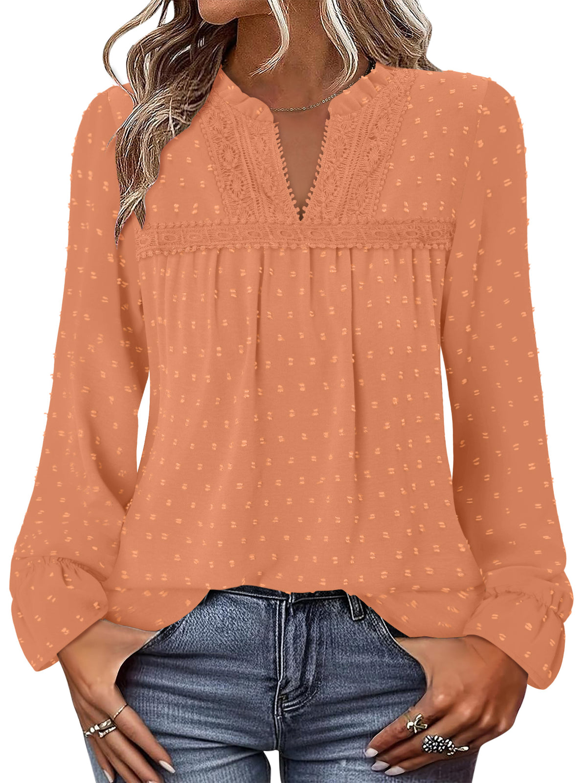 BETTE BOUTIK Womens Boho Fall Fashion Tops Long Sleeve Casual Shirts Flowy Swiss Dot Blouses