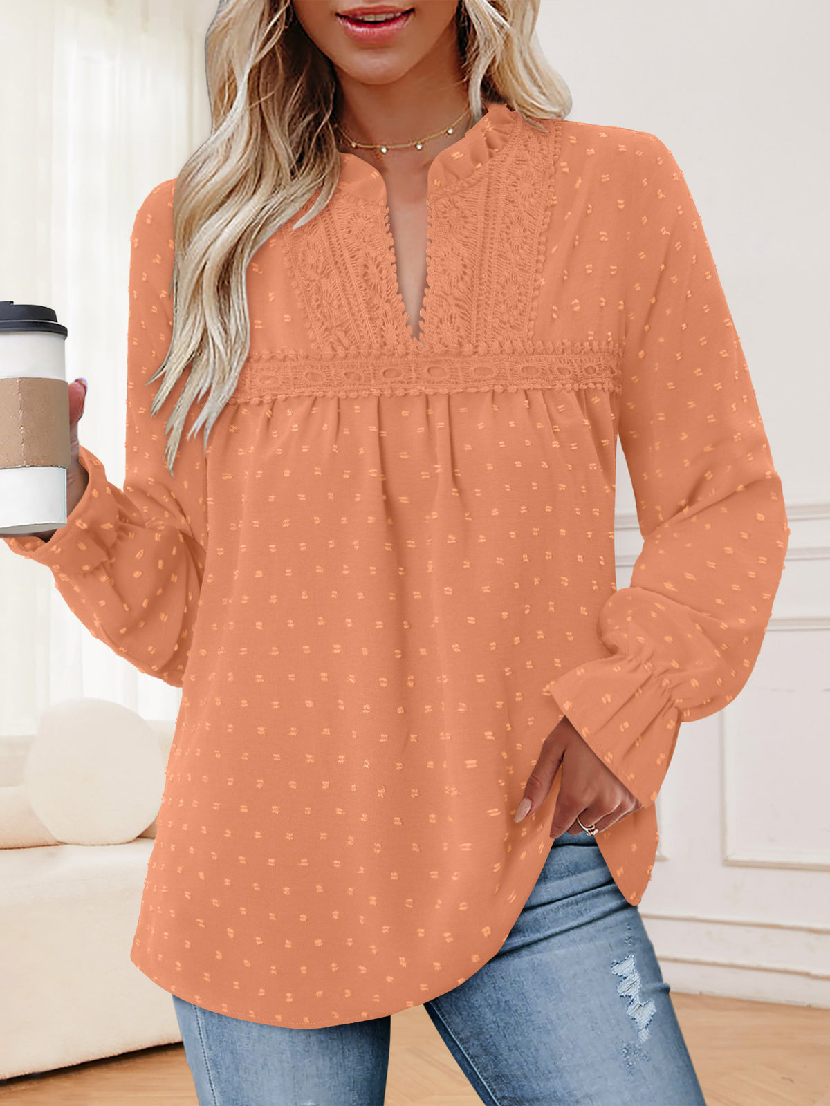 BETTE BOUTIK Womens Boho Fall Fashion Tops Long Sleeve Casual Shirts Flowy Swiss Dot Blouses