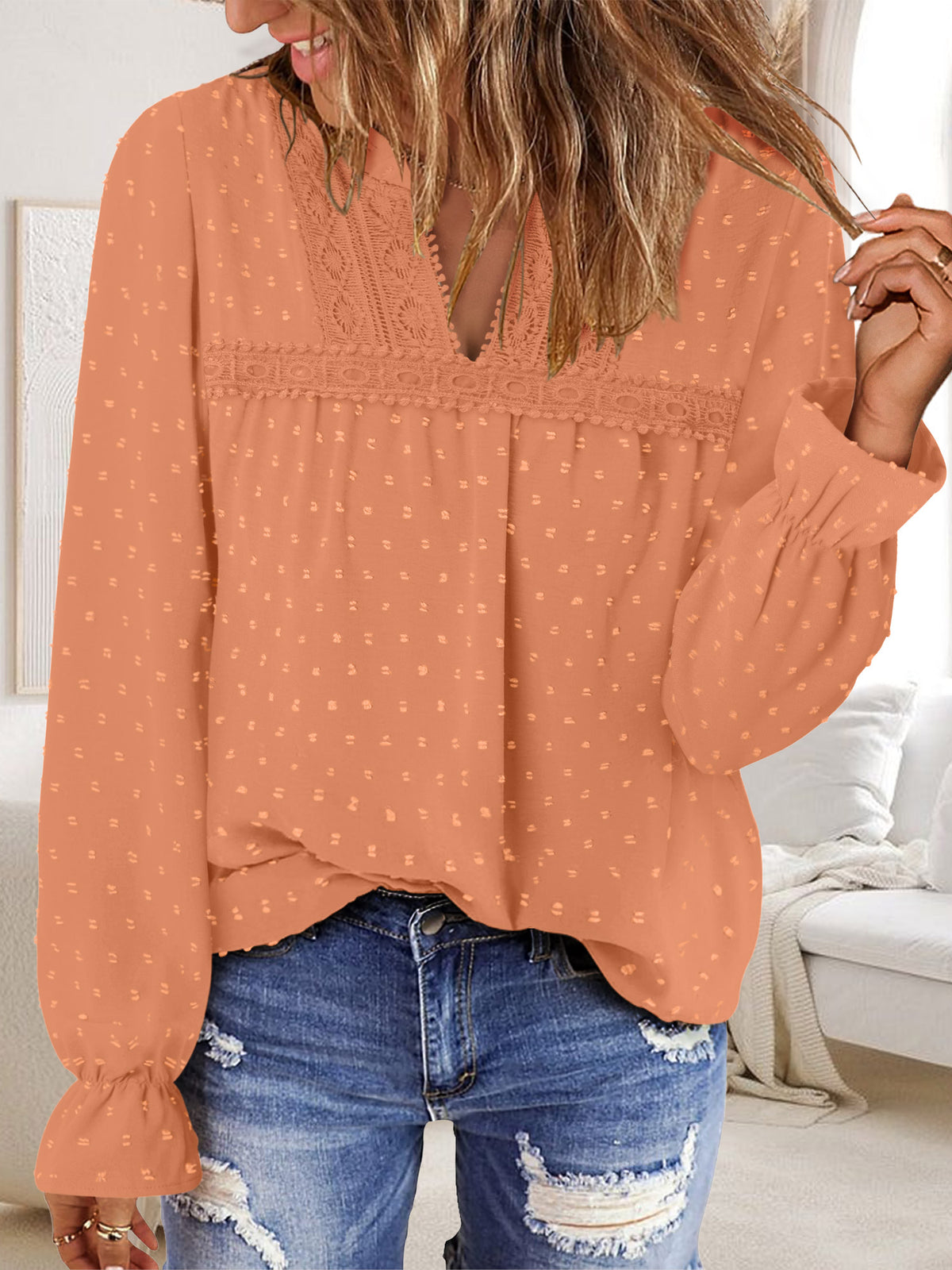 BETTE BOUTIK Womens Boho Fall Fashion Tops Long Sleeve Casual Shirts Flowy Swiss Dot Blouses