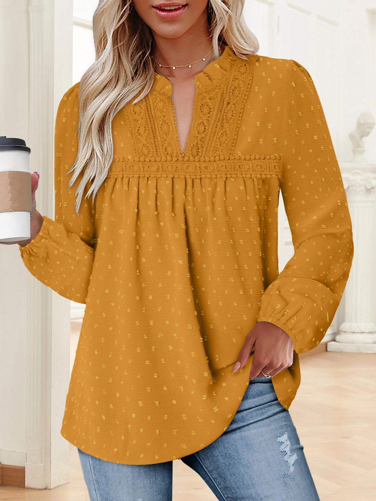 BETTE BOUTIK Womens Boho Fall Fashion Tops Long Sleeve Casual Shirts Flowy Swiss Dot Blouses