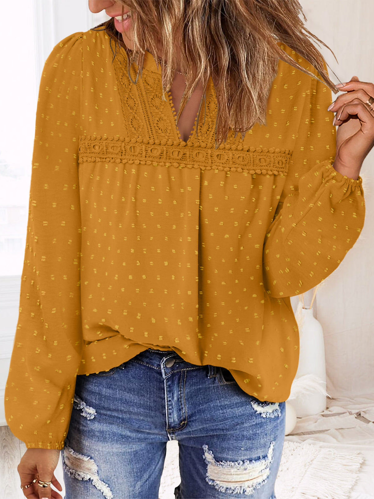 BETTE BOUTIK Womens Boho Fall Fashion Tops Long Sleeve Casual Shirts Flowy Swiss Dot Blouses