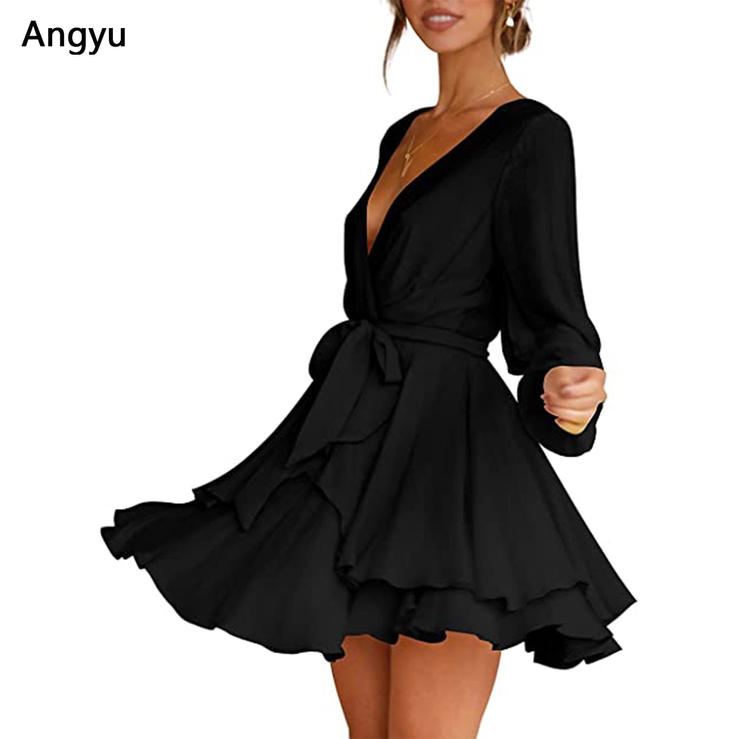 Angyu Women's Dress Deep V-Neck Long Sleeve