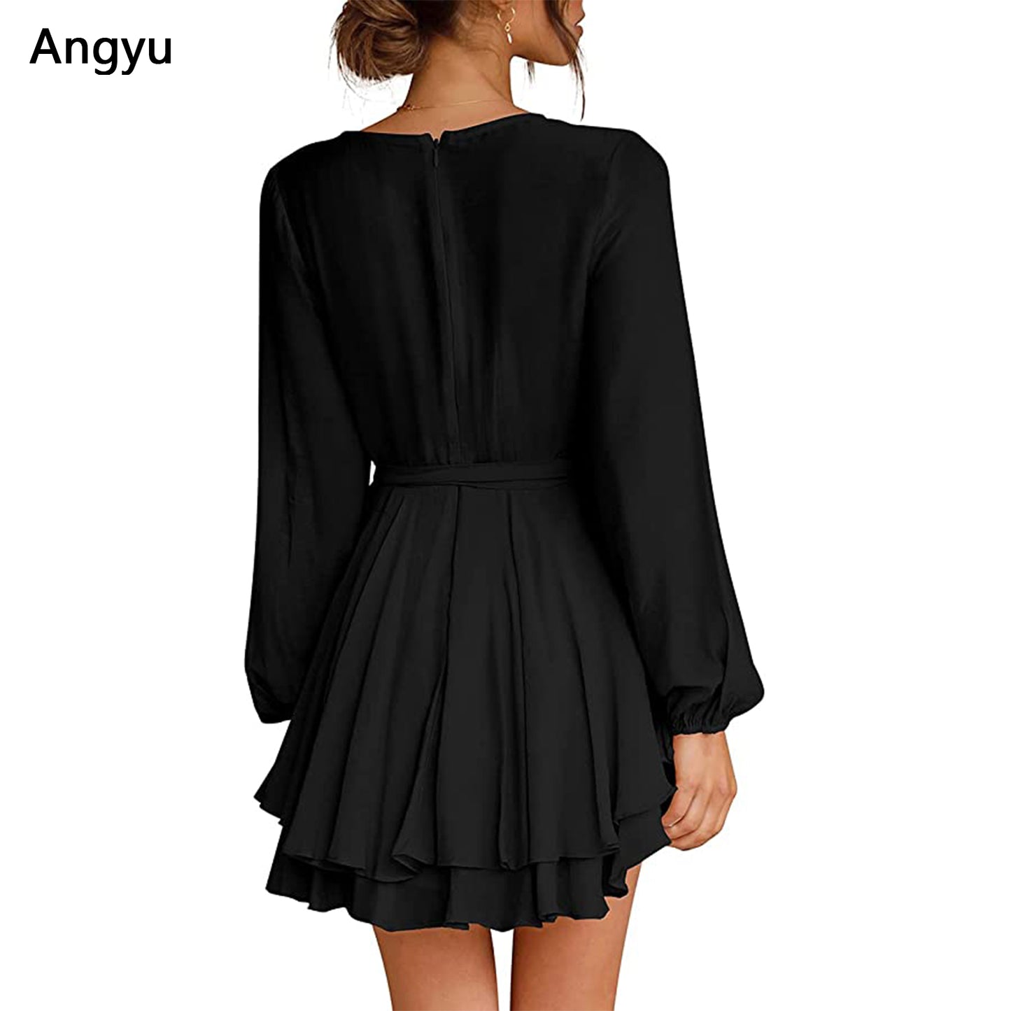 Angyu Women's Dress Deep V-Neck Long Sleeve