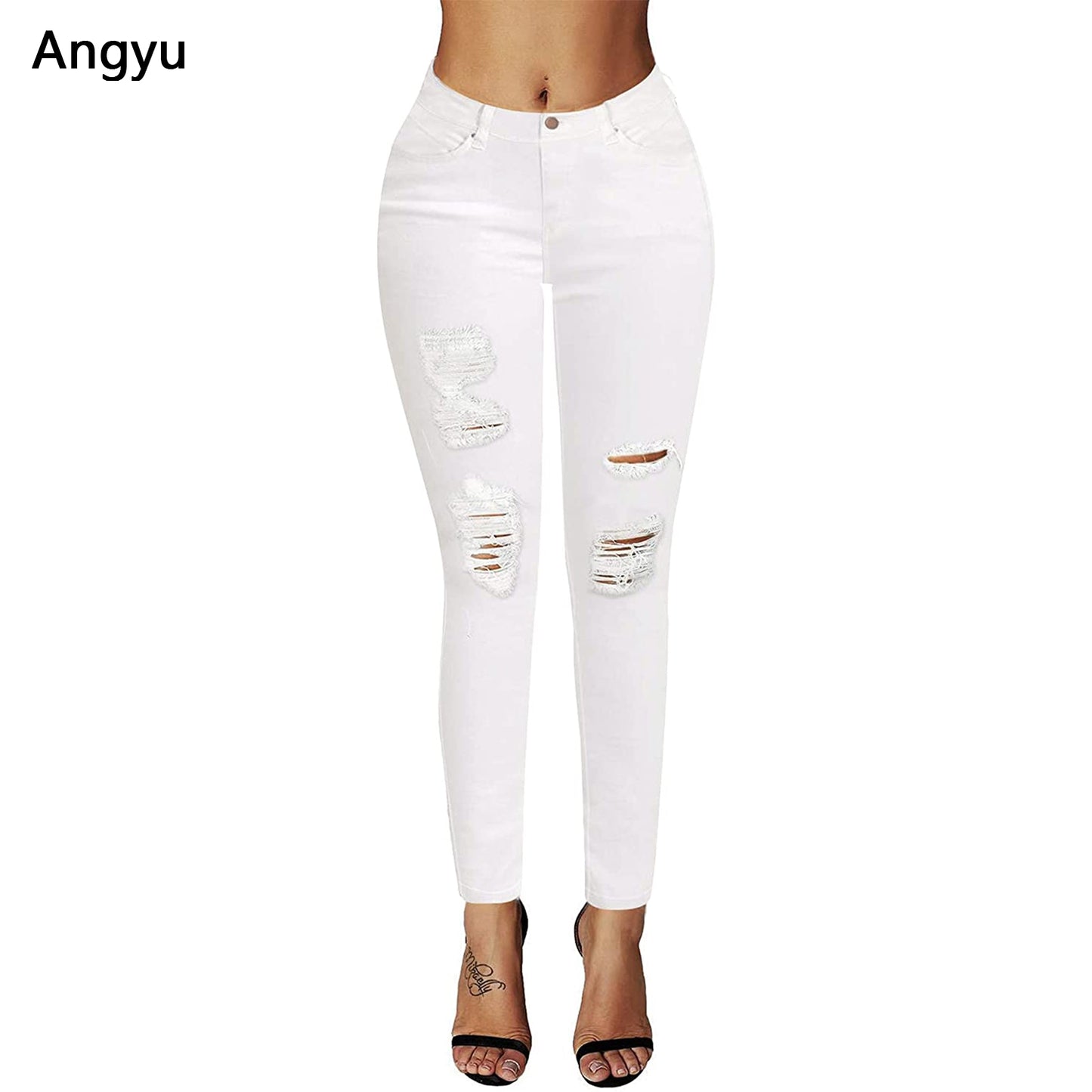 Angyu Women's Ripped Mid Rise Destroyed Skinny Jeans