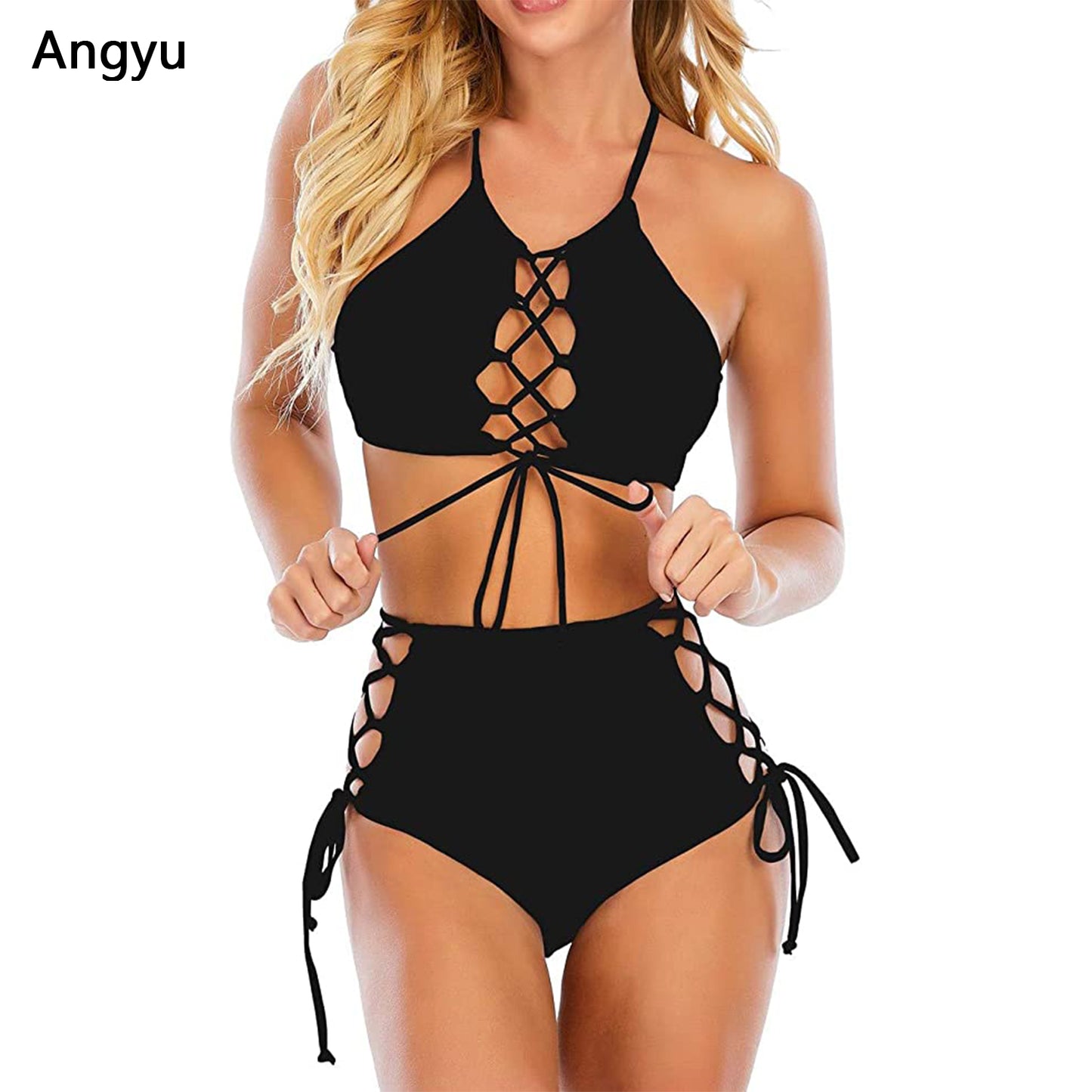 Angyu Women Backless Bikini High Waist Tankini Bathing Suit Strap Swimsuit Set