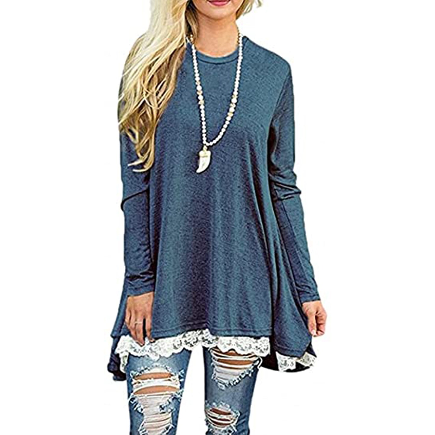 SWZ Women's Crew Neck Long Sleeve Lace Splicing Swing Shirt Dresses Long Tunic Blouses Shirts for Leggings