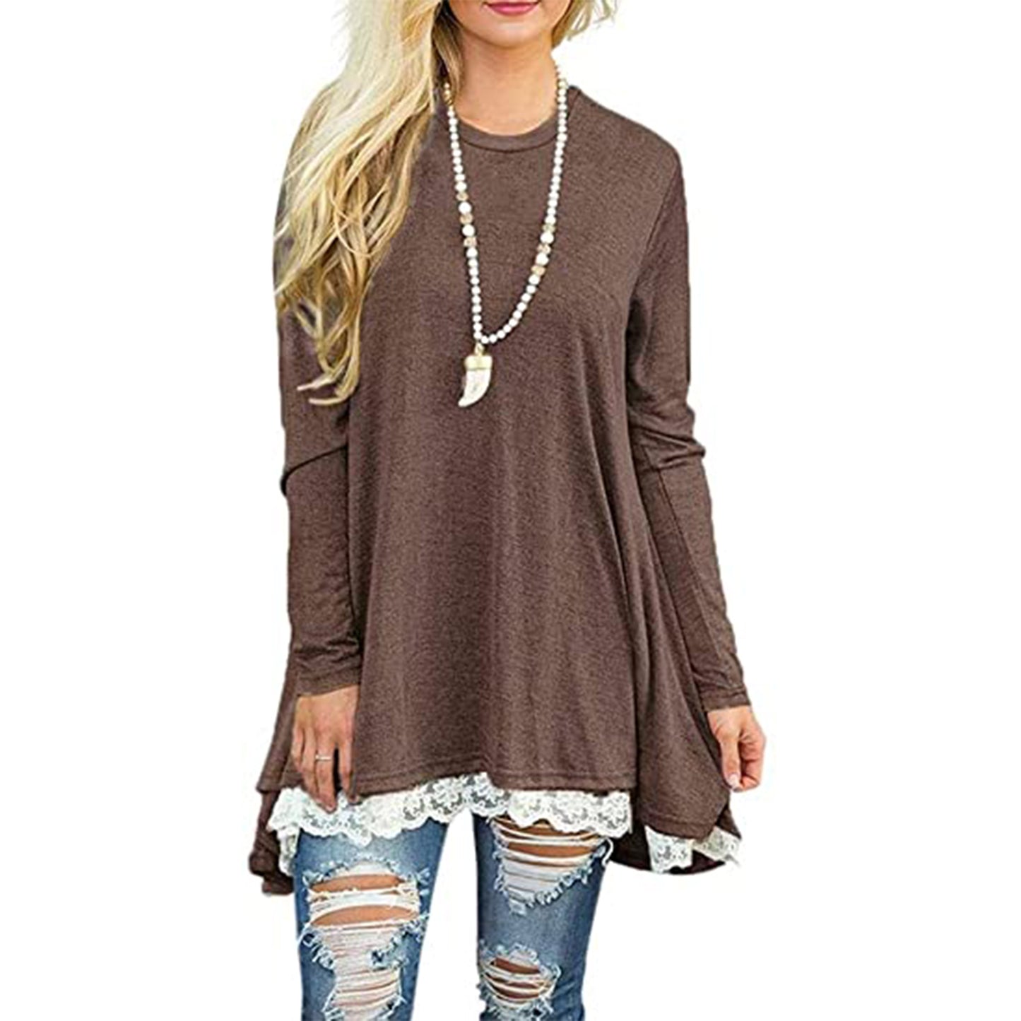 SWZ Women's Crew Neck Long Sleeve Lace Splicing Swing Shirt Dresses Long Tunic Blouses Shirts for Leggings