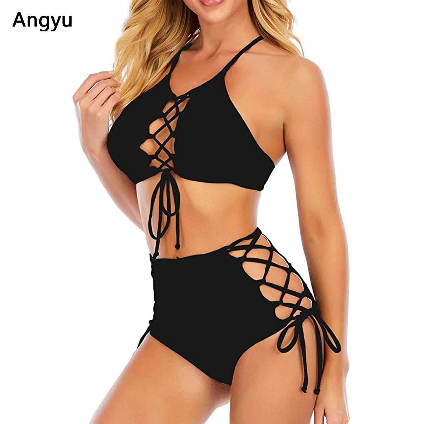 Angyu Women Backless Bikini High Waist Tankini Bathing Suit Strap Swimsuit Set
