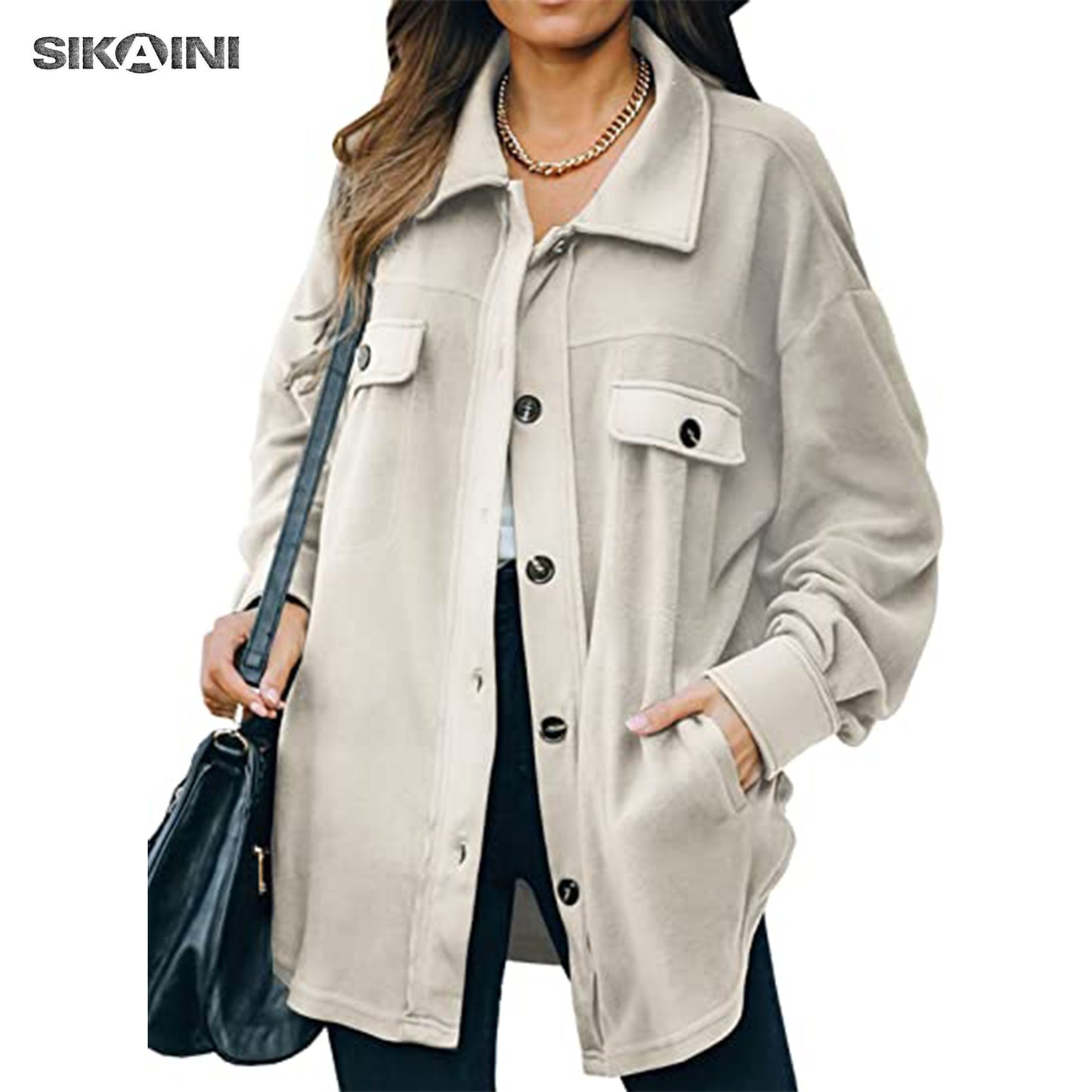 SIKAINI Women Casual Coat Long Sleeve Shacket Jacket with Pockets