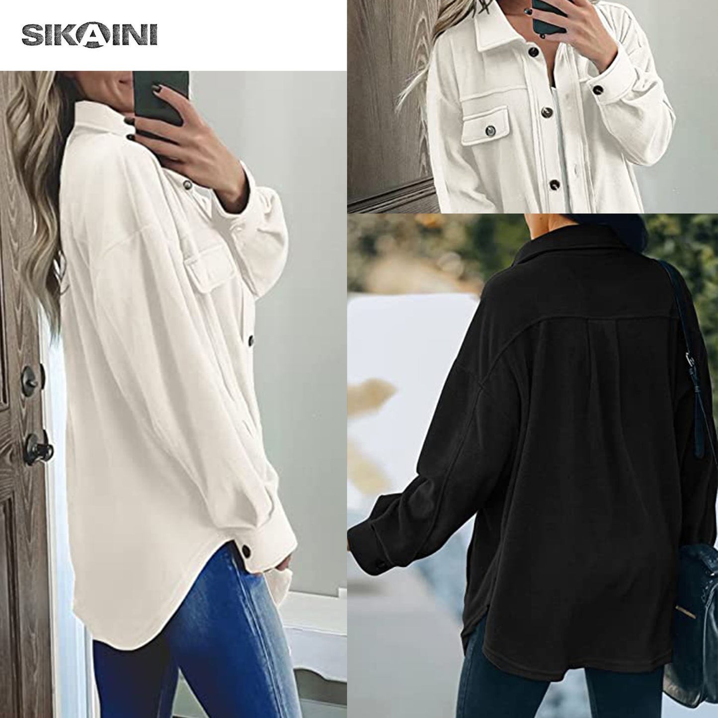 SIKAINI Women Casual Coat Long Sleeve Shacket Jacket with Pockets