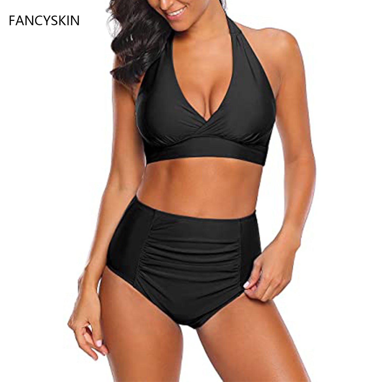 FANCYSKIN Women's Halter Self Tie Ruched High Waist Two Piece Bikini Set Swimsuits