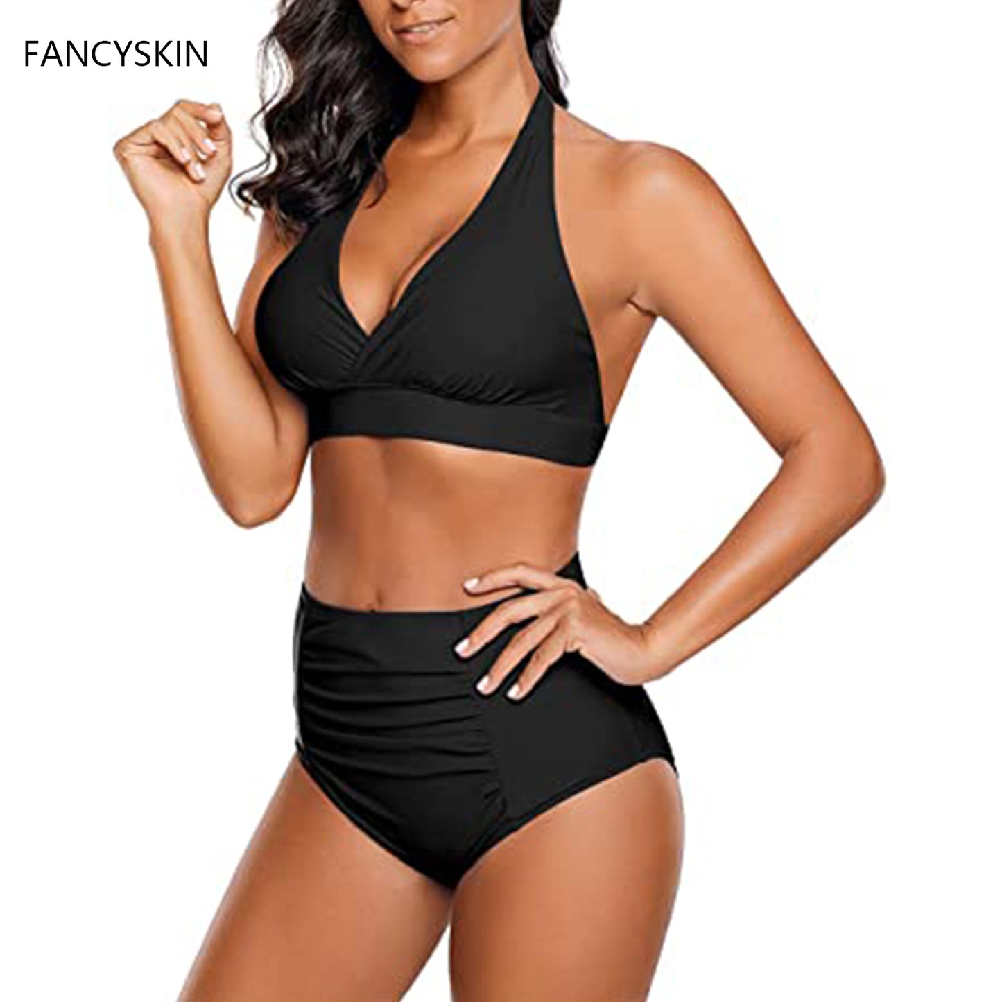 FANCYSKIN Women's Halter Self Tie Ruched High Waist Two Piece Bikini Set Swimsuits