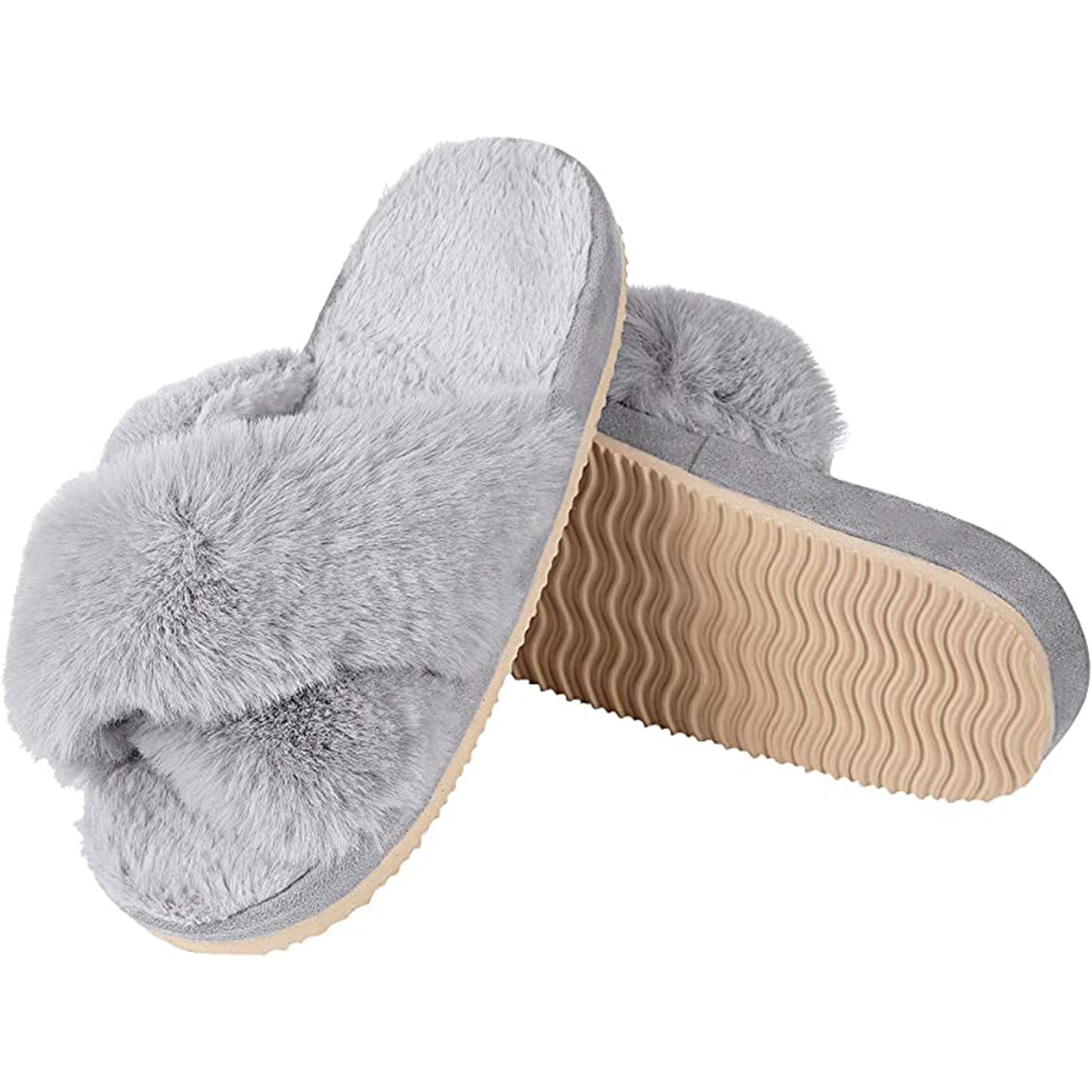KAUACH Women's Fuzzy Cross Band Slip-on Open Toe House Slippers