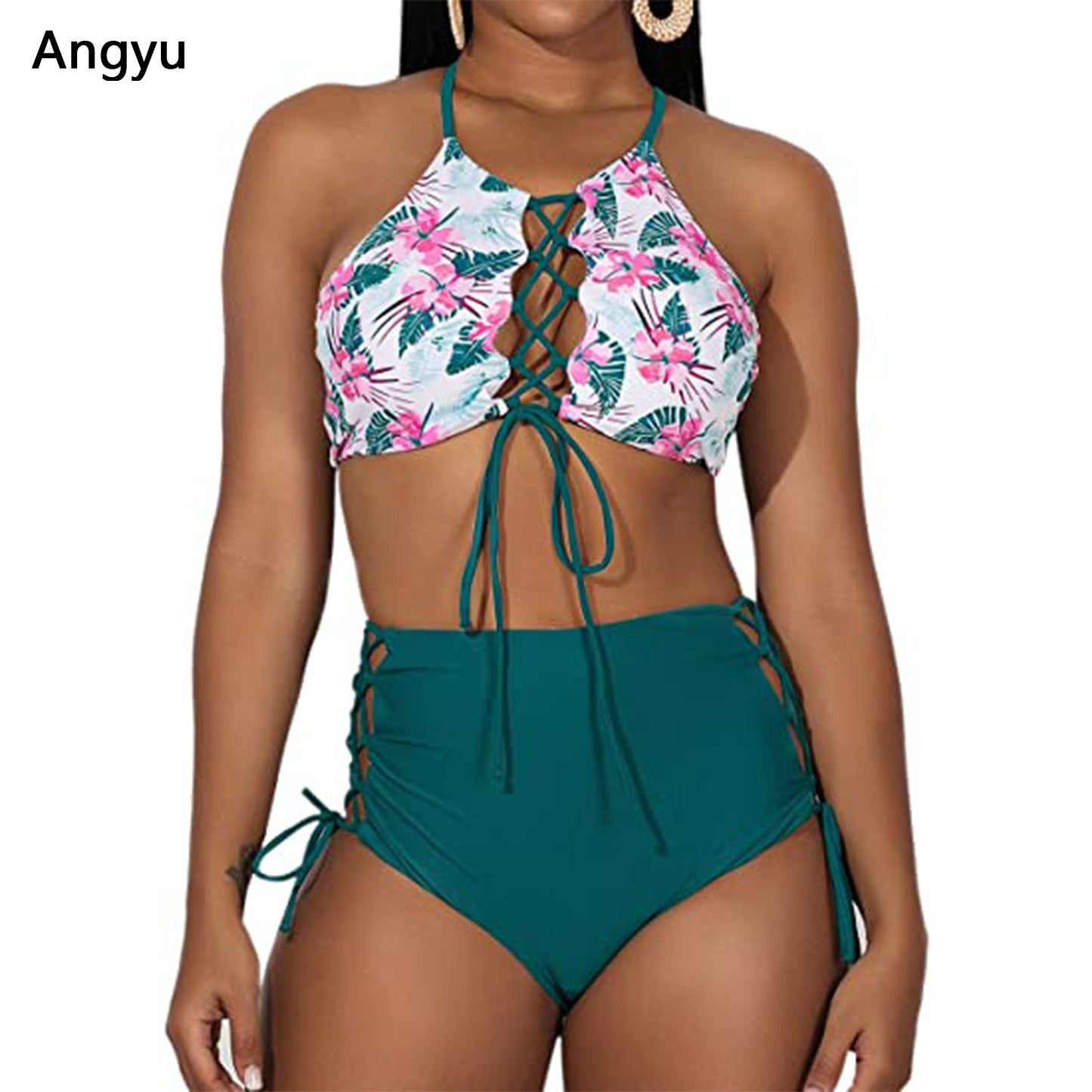 Angyu Women Backless Bikini High Waist Tankini Bathing Suit Strap Swimsuit Set