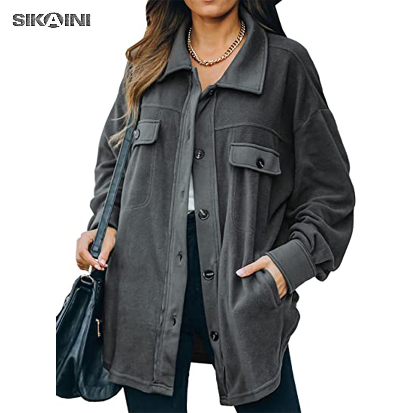 SIKAINI Women Casual Coat Long Sleeve Shacket Jacket with Pockets
