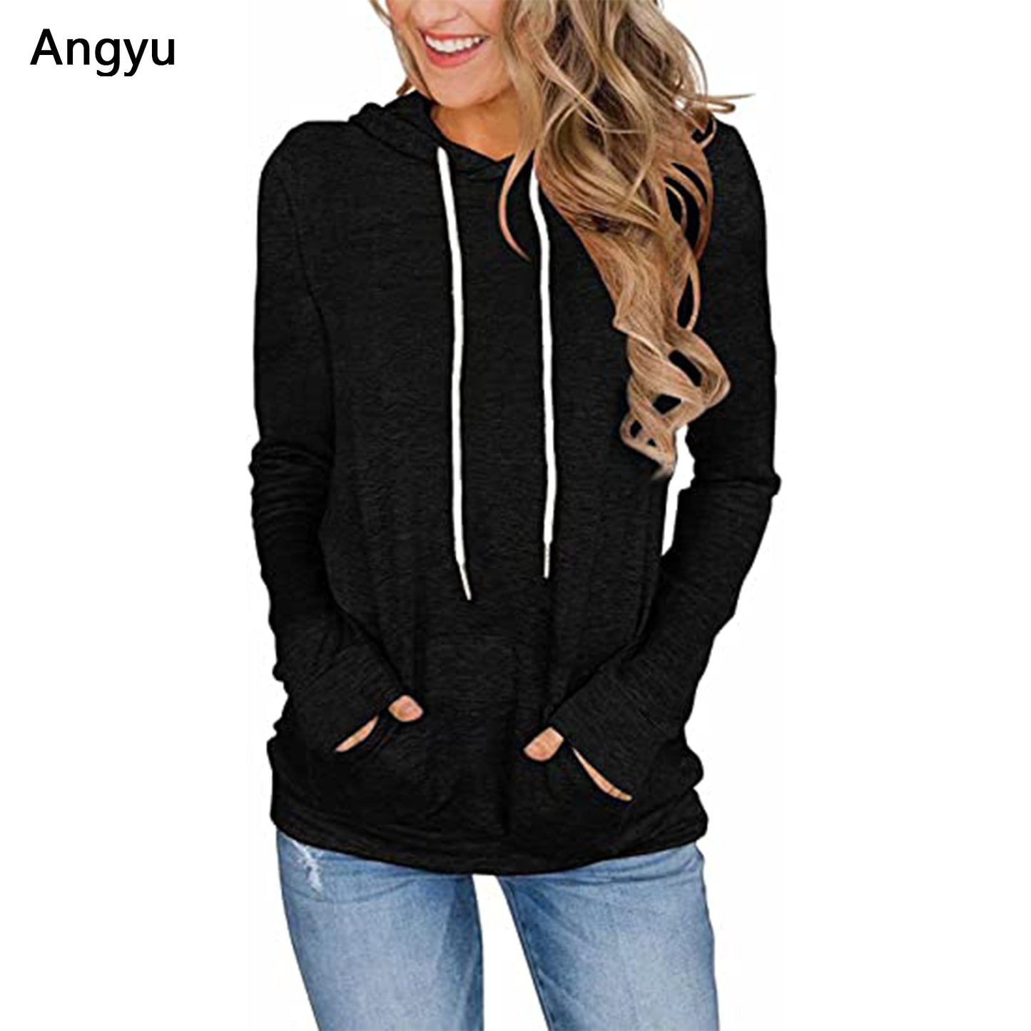 Angyu Women Hoodies Tops Long Sleeve Drawstring Pullover Sweatshirts with Pocket